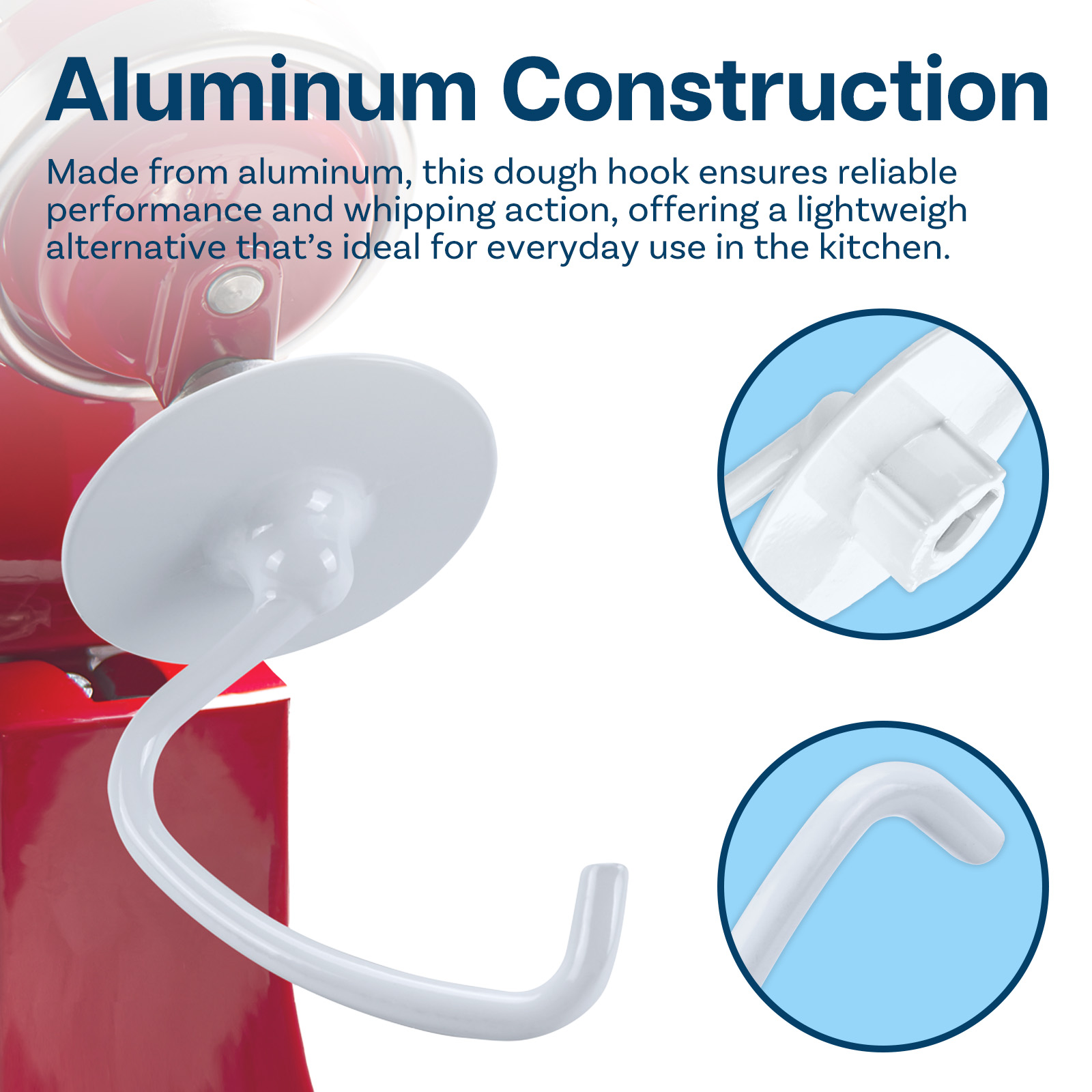 Roter Mixer mit weißem Aluminium-Knethaken. Nahaufnahmen zeigen die Befestigung.