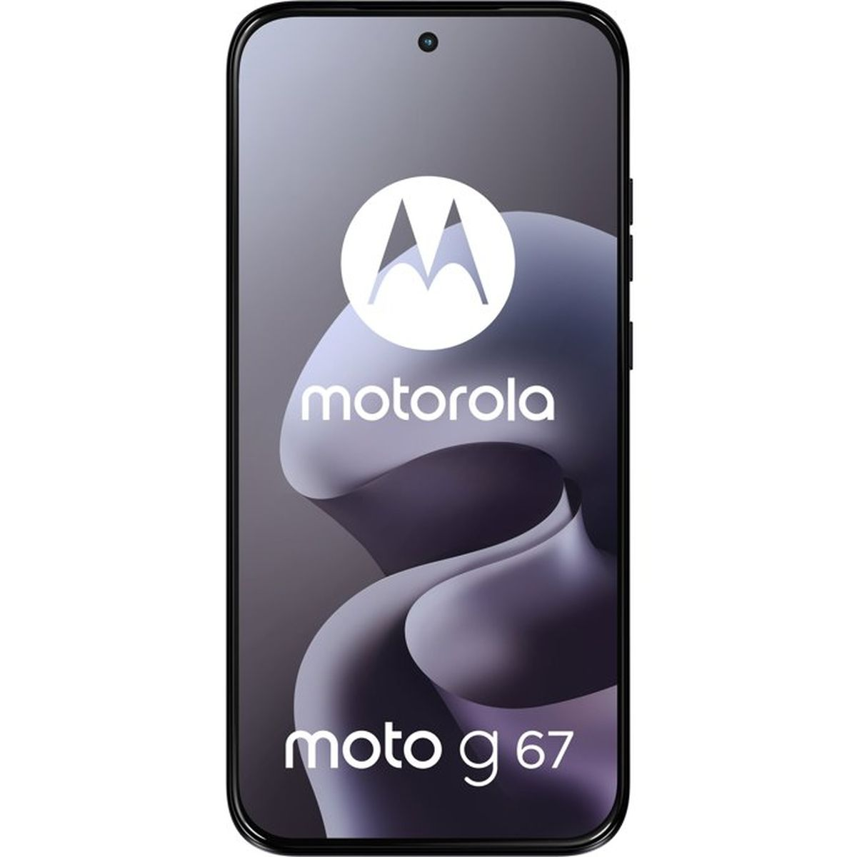 Motorola Moto G 67 Smartphone mit Motorola-Logo und Hintergrundgrafik.