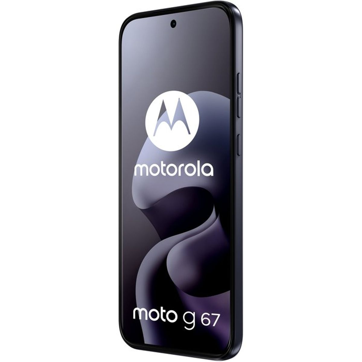 Motorola Moto G 67 Smartphone mit dunklem Design und Logo auf dem Bildschirm.