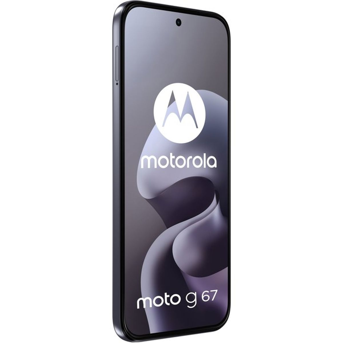 Ein dunkles Motorola Moto G 67 Smartphone mit Motorola Logo auf dem Bildschirm.