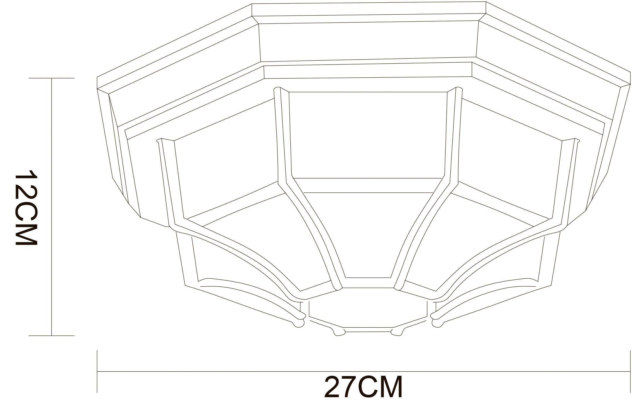 Eine Draufsicht einer achteckigen Deckenleuchte mit 27 cm Breite und 12 cm Höhe.