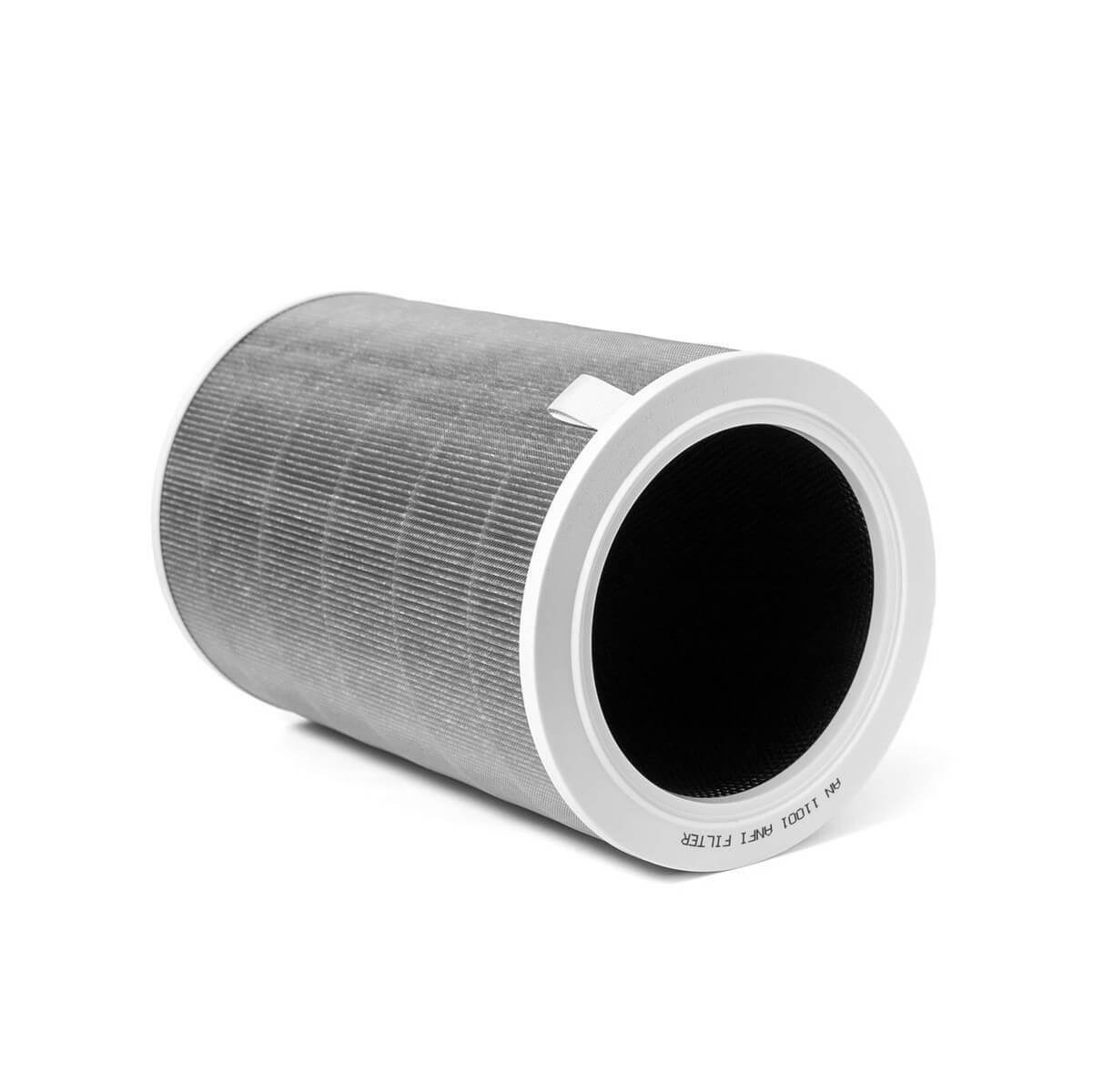 Ein zylindrischer Luftfilter mit grauem Filtermaterial und weißem Rand.