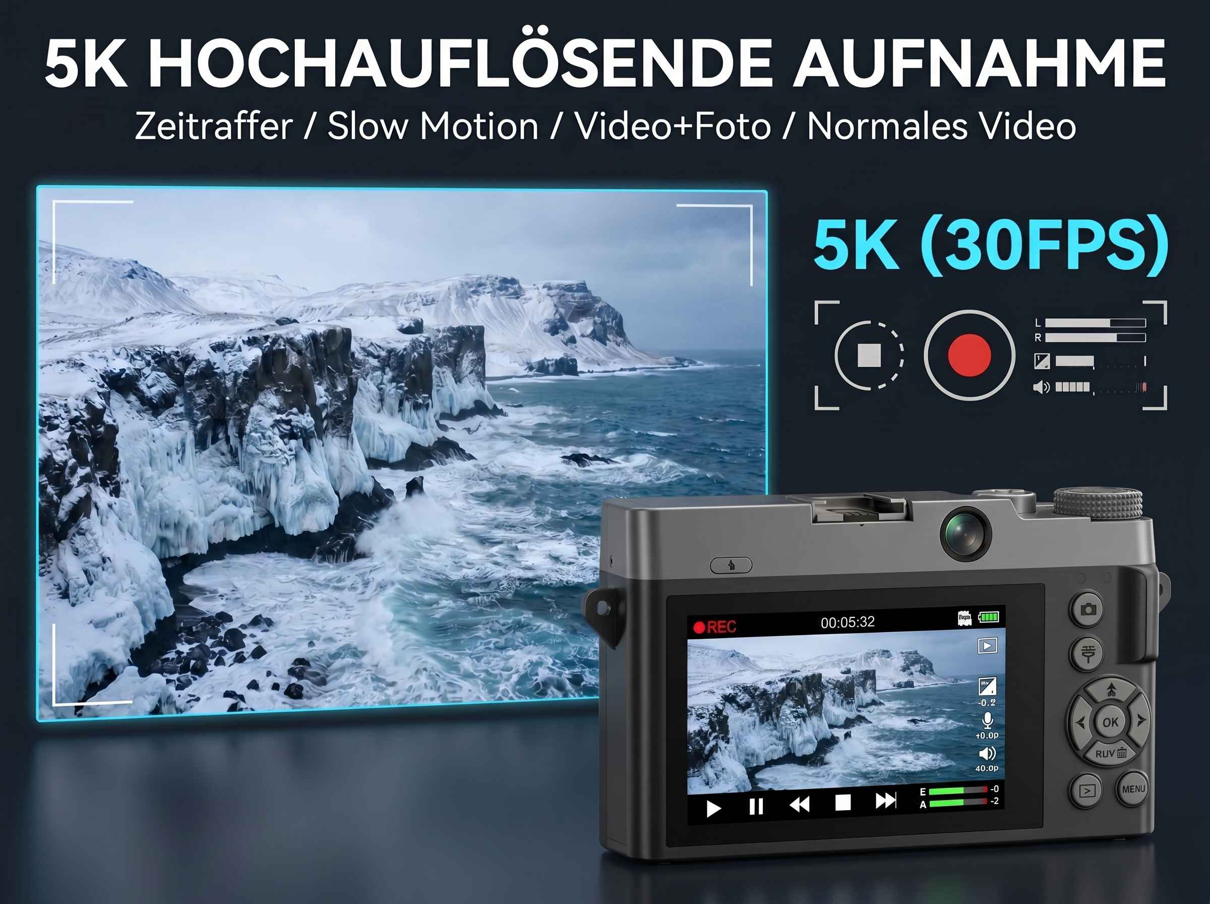 Kamera mit 5K-Auflösung zeigt eisige Küste im Display. Aufnahme läuft.
