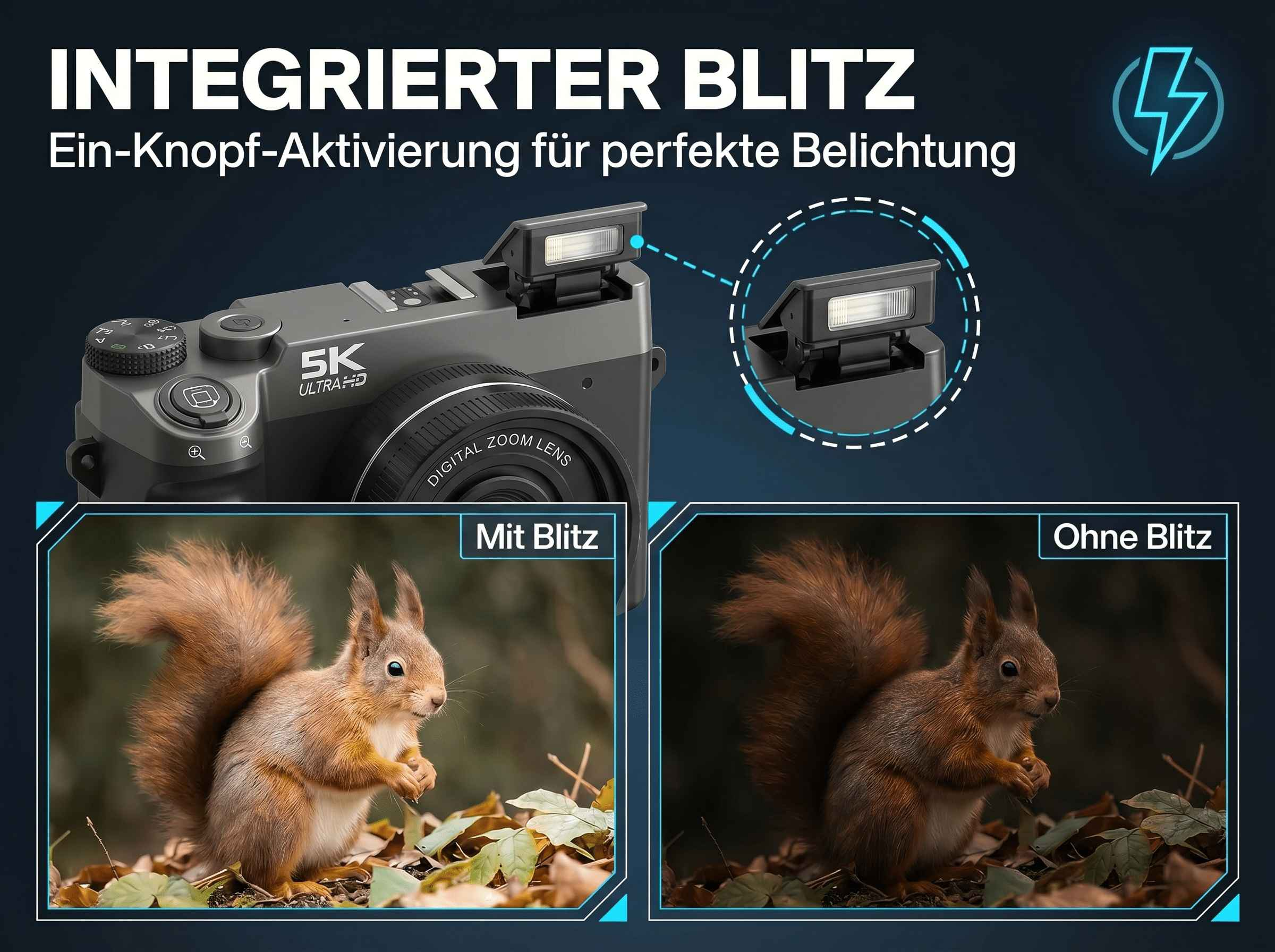 Kamera mit ausklappbarem Blitz neben Eichhörnchen-Fotos mit und ohne Blitz.