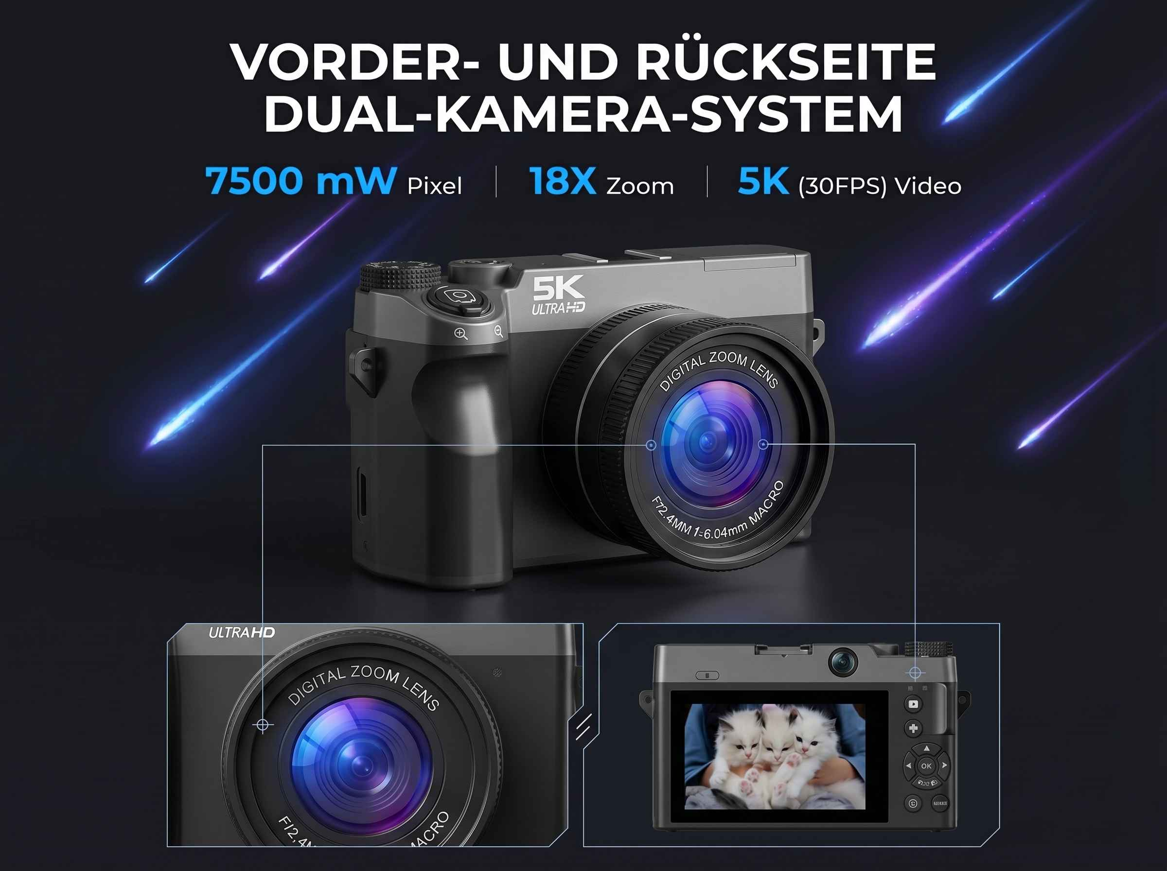 Digitalkamera mit 5K-Video, 18x Zoom und 7500 mW Akku.