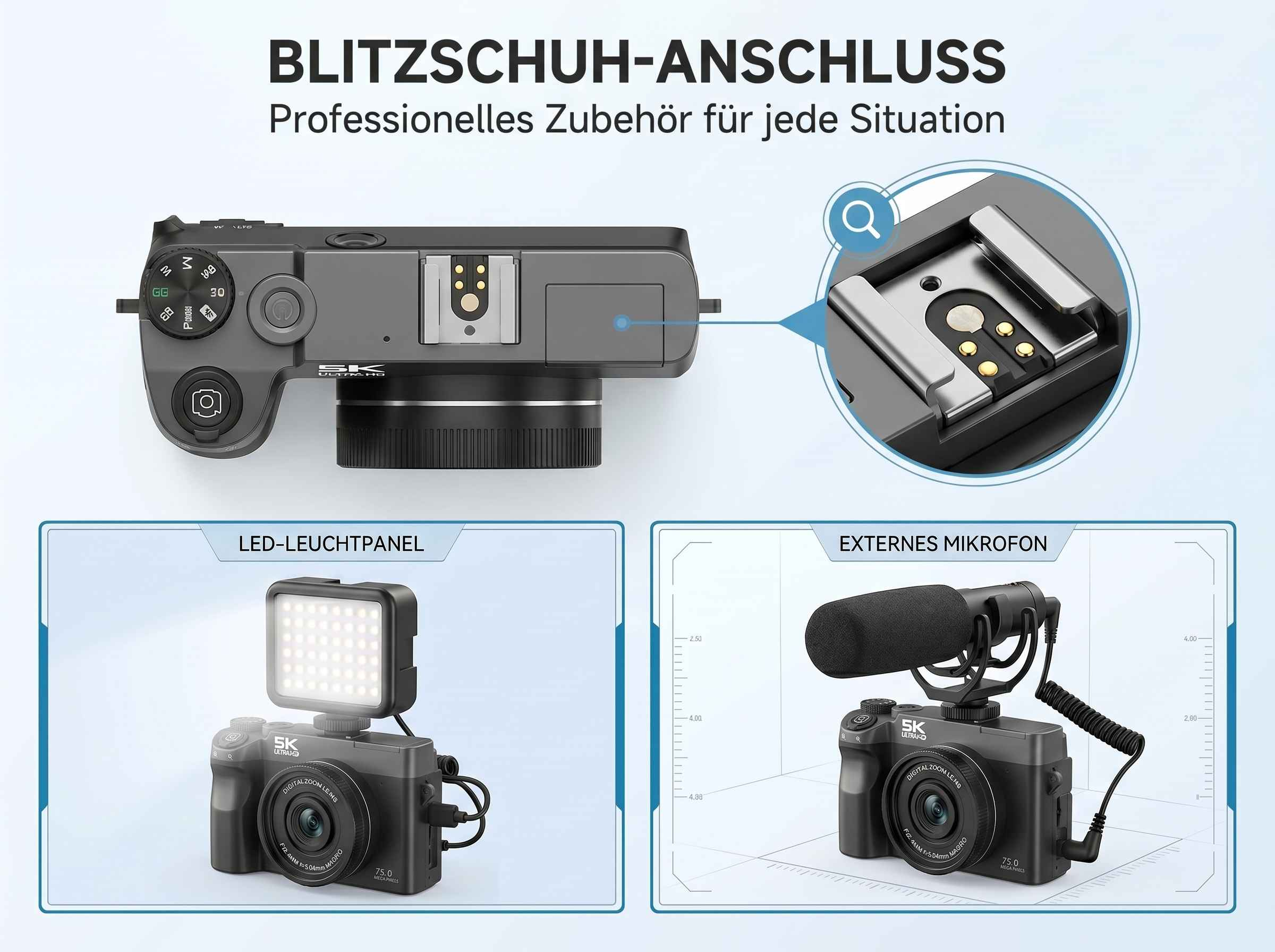 Kamera mit Blitzschuh, LED-Panel und Mikrofon. Nahaufnahme des Blitzschuhs.