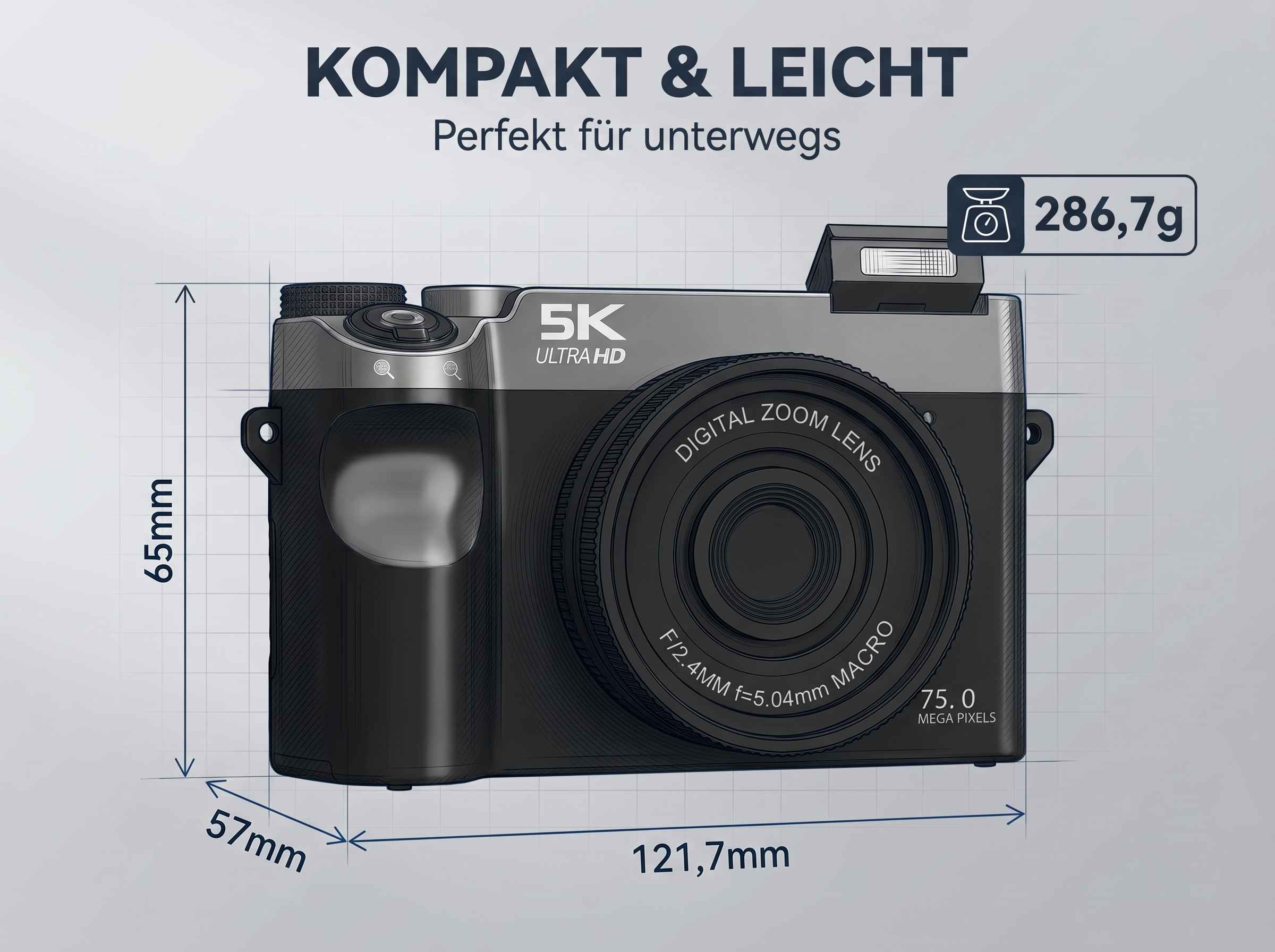 Kompakte 5K Ultra HD Digitalkamera, 121,7x65x57mm, 286,7g.