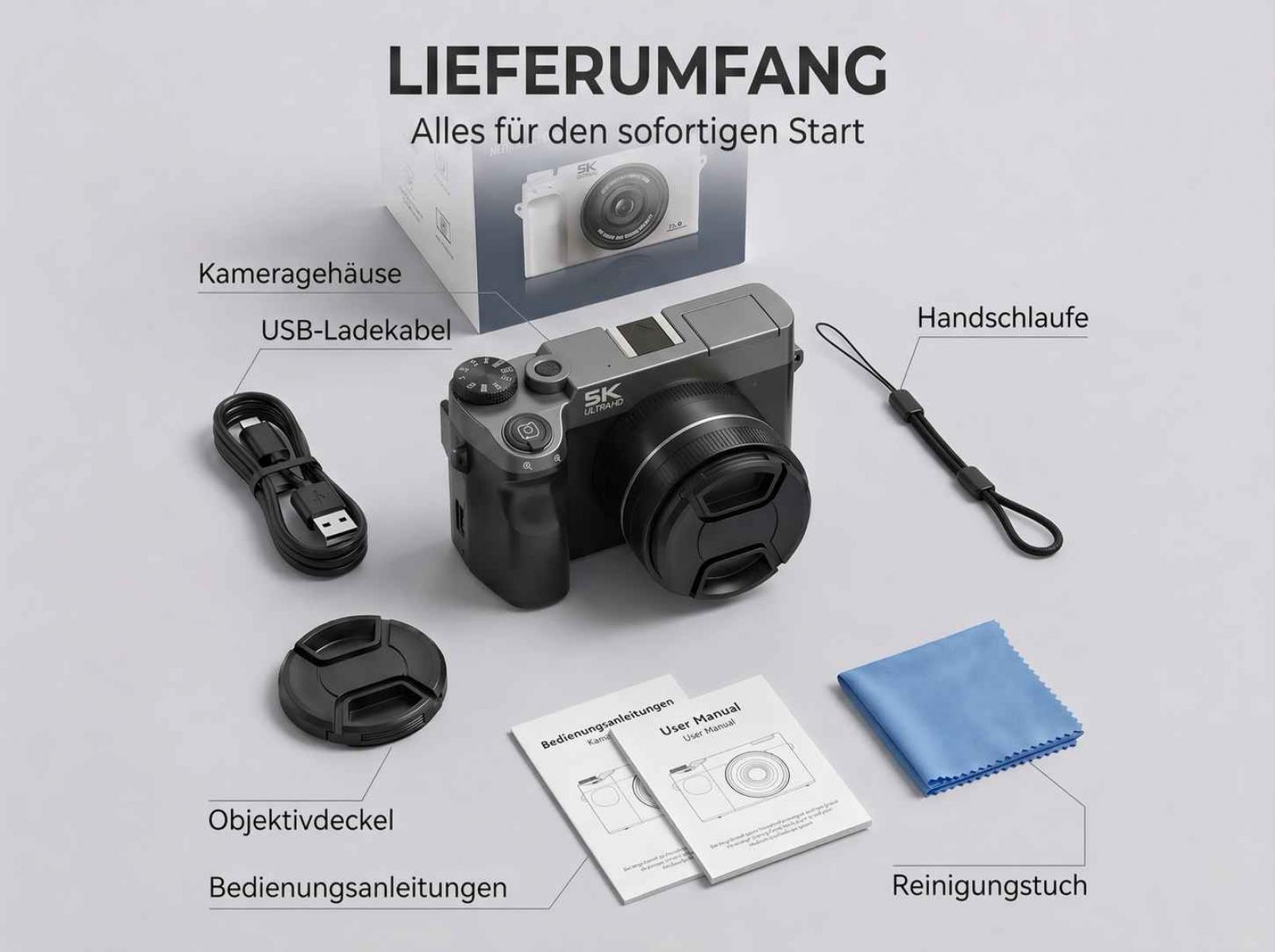 Lieferumfang einer Kamera mit Zubehör: Kamera, Kabel, Handschlaufe, Deckel, Anleitungen, Tuch.
