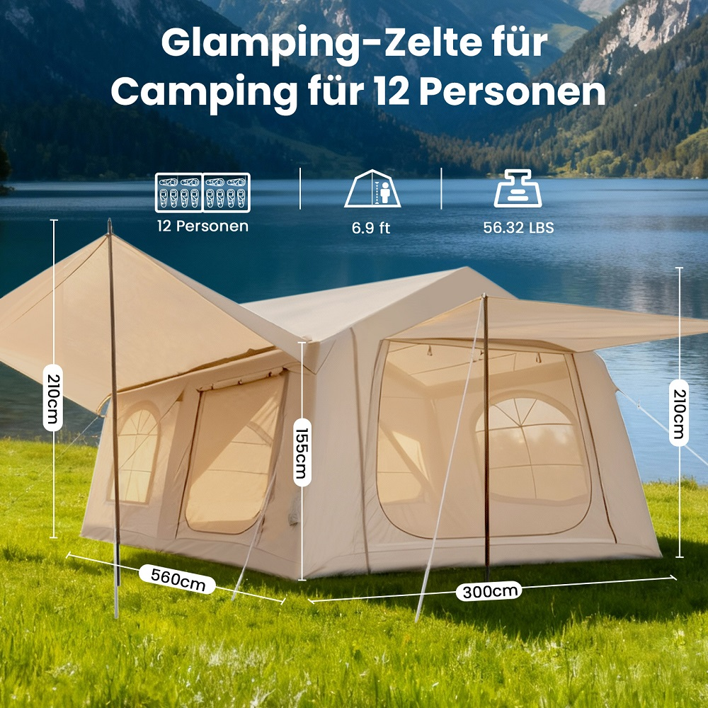 Ein beiges Glamping-Zelt für 12 Personen steht auf Gras. Maße: 560x300x210cm.