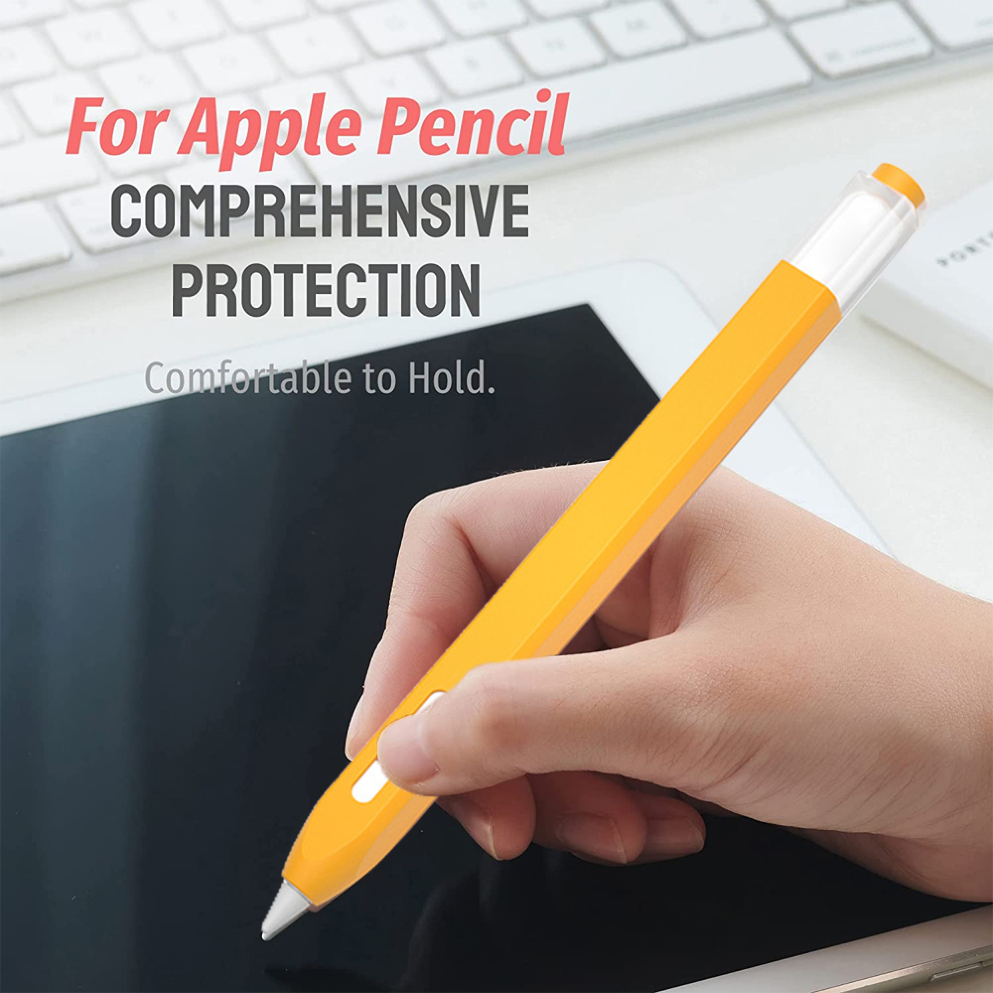 Gelbe Apple Pencil Hülle auf einem Tablet, gehalten von einer Hand.