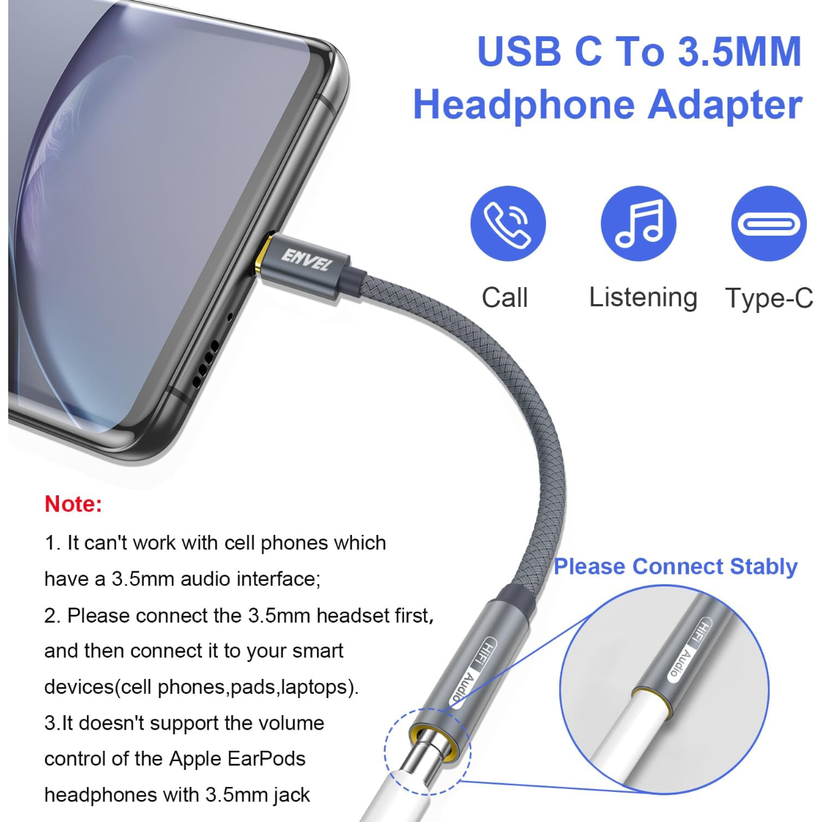 USB-C zu 3,5-mm-Kopfhöreradapter, der in ein Smartphone eingesteckt ist.