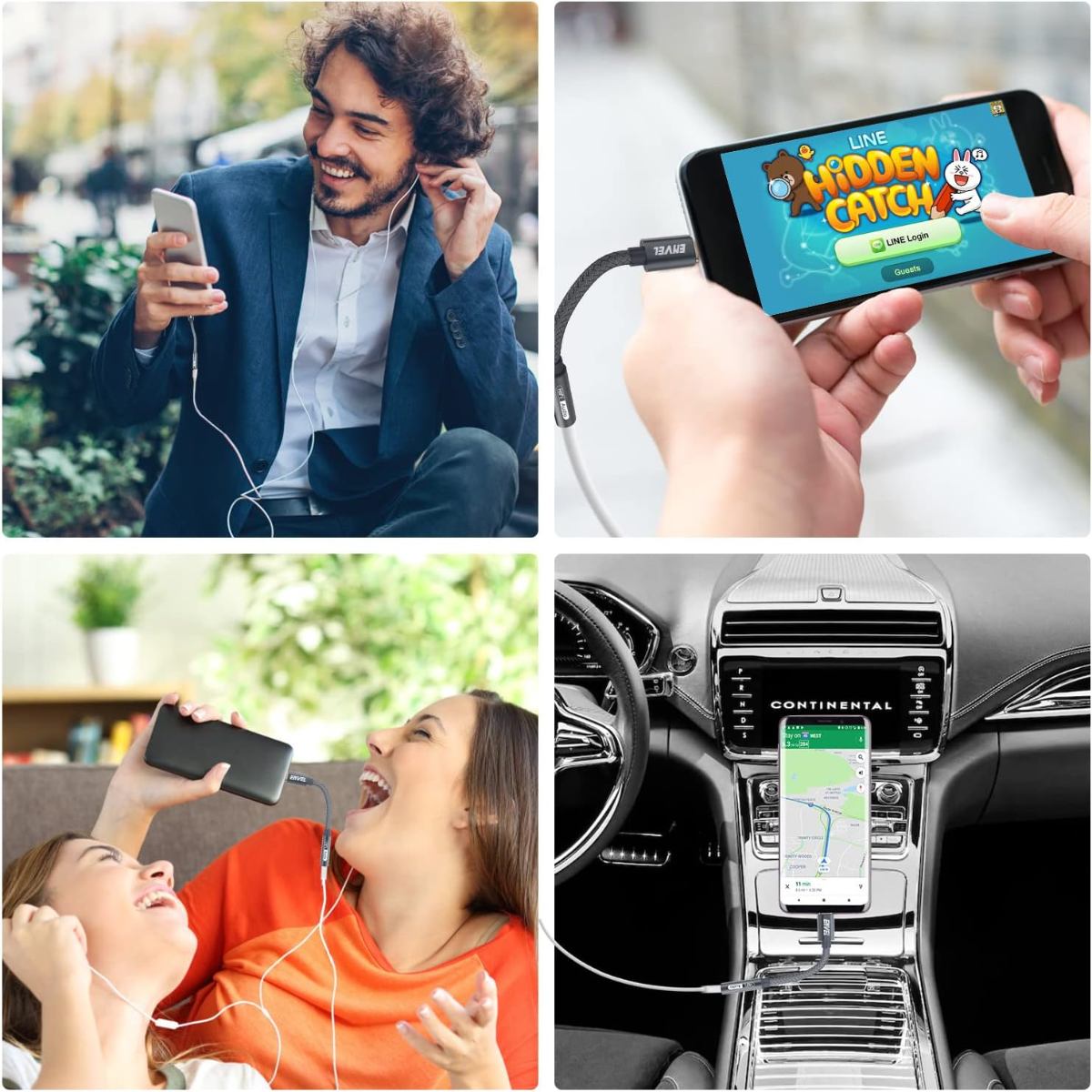 Mann mit Kopfhörern, der ein Smartphone hält. Smartphone mit Spiel. Zwei Frauen singen. Auto-Navigation.