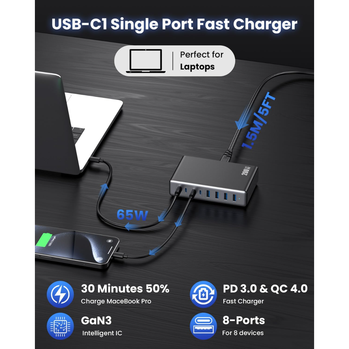 Un cargador USB-C de 8 puertos carga un portátil y un teléfono en un escritorio.