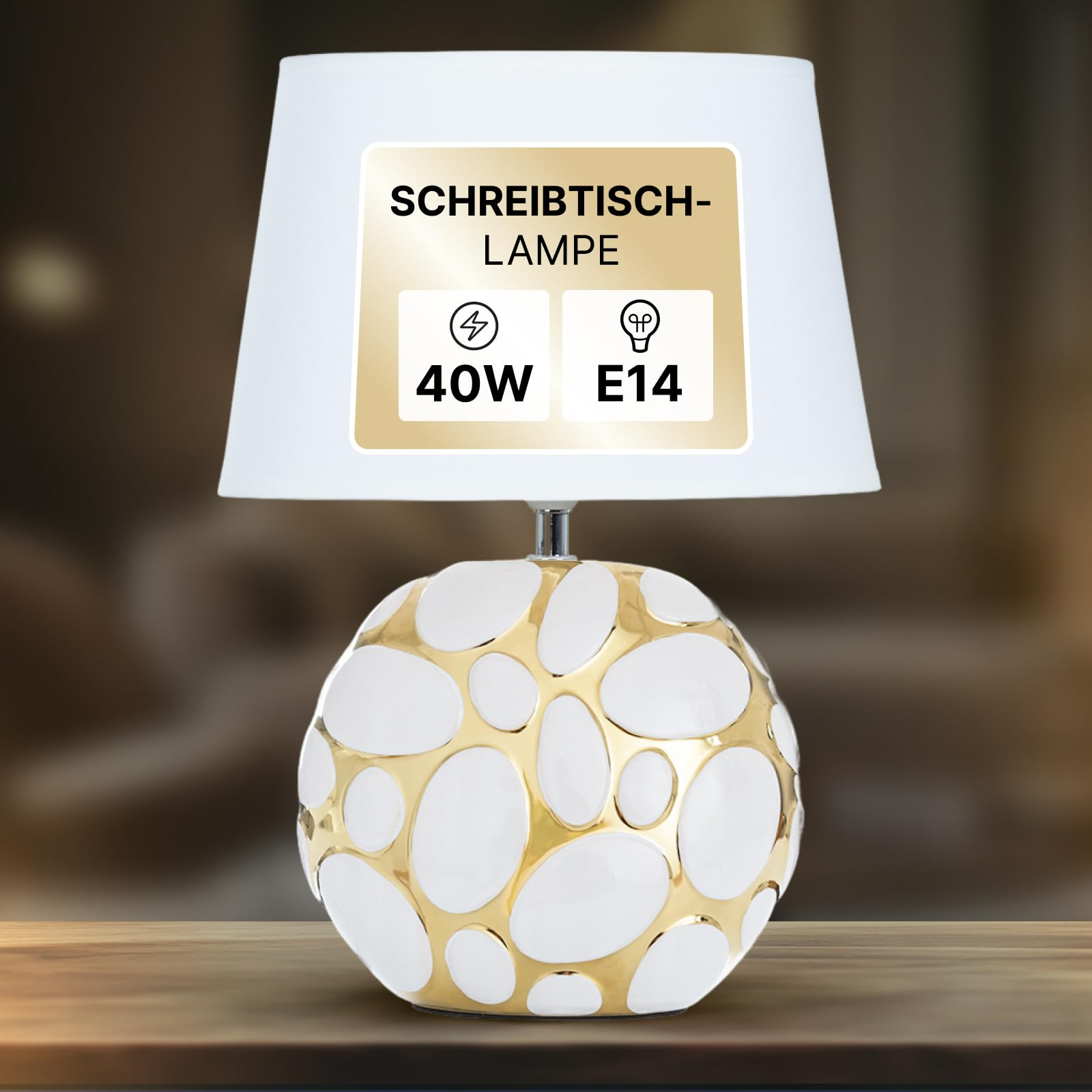 Weiße Schreibtischlampe mit goldenen Verzierungen und Hinweisen zu Watt und Sockel.