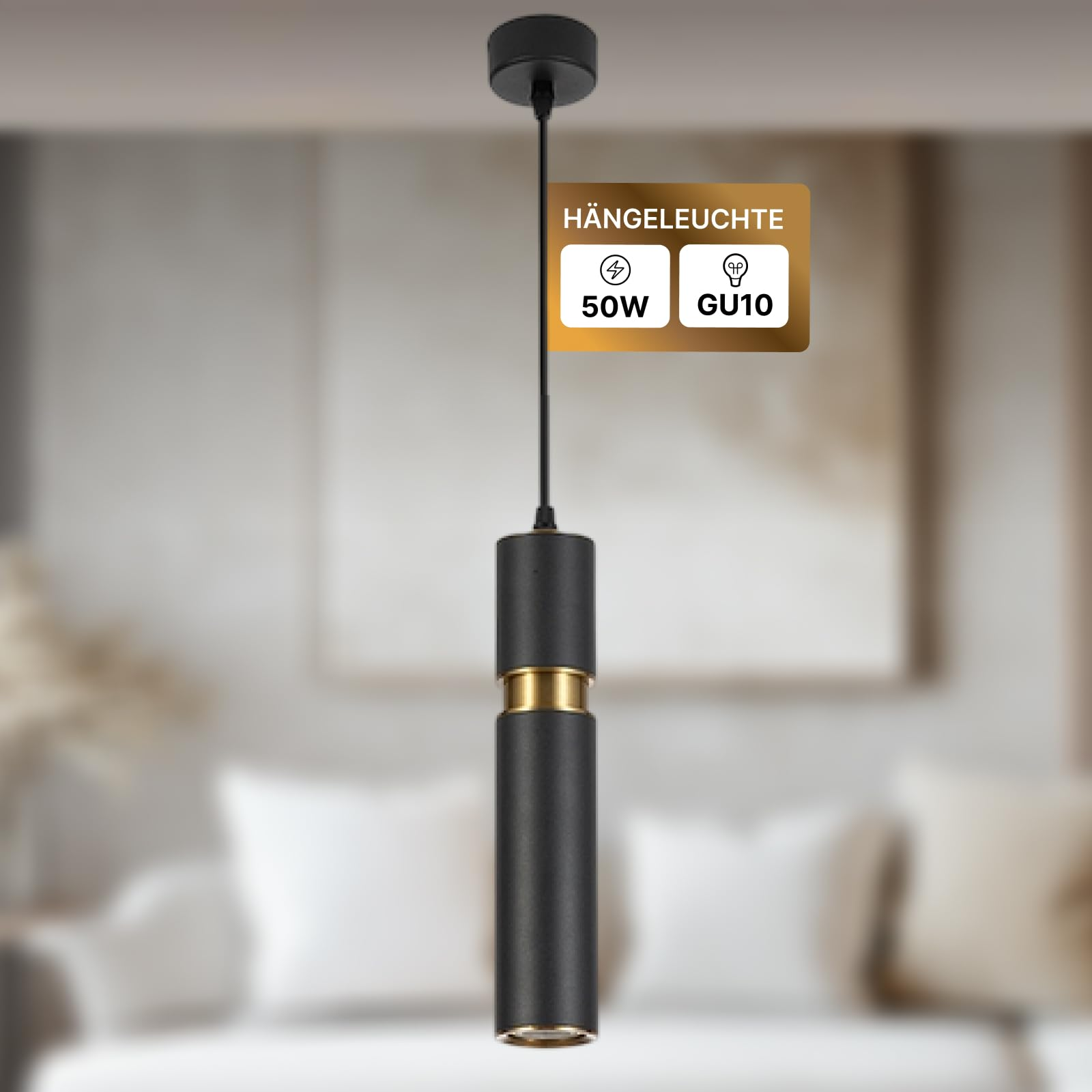 Schwarze Zylinder-Pendelleuchte mit Goldakzent, 50W GU10 Leuchtmittel.