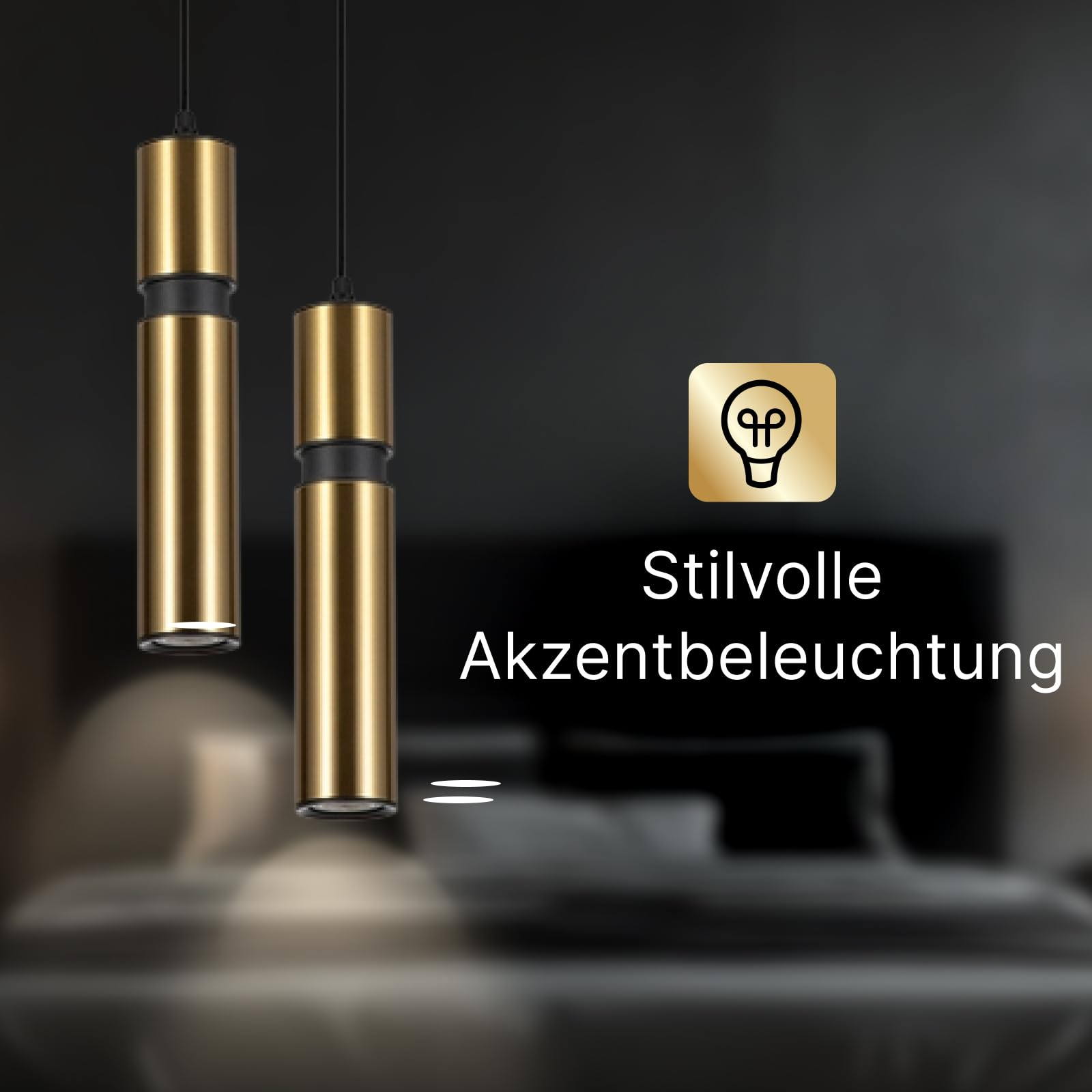 Zwei goldene Pendelleuchten über einem Bett. Ein Glühbirnen-Symbol.