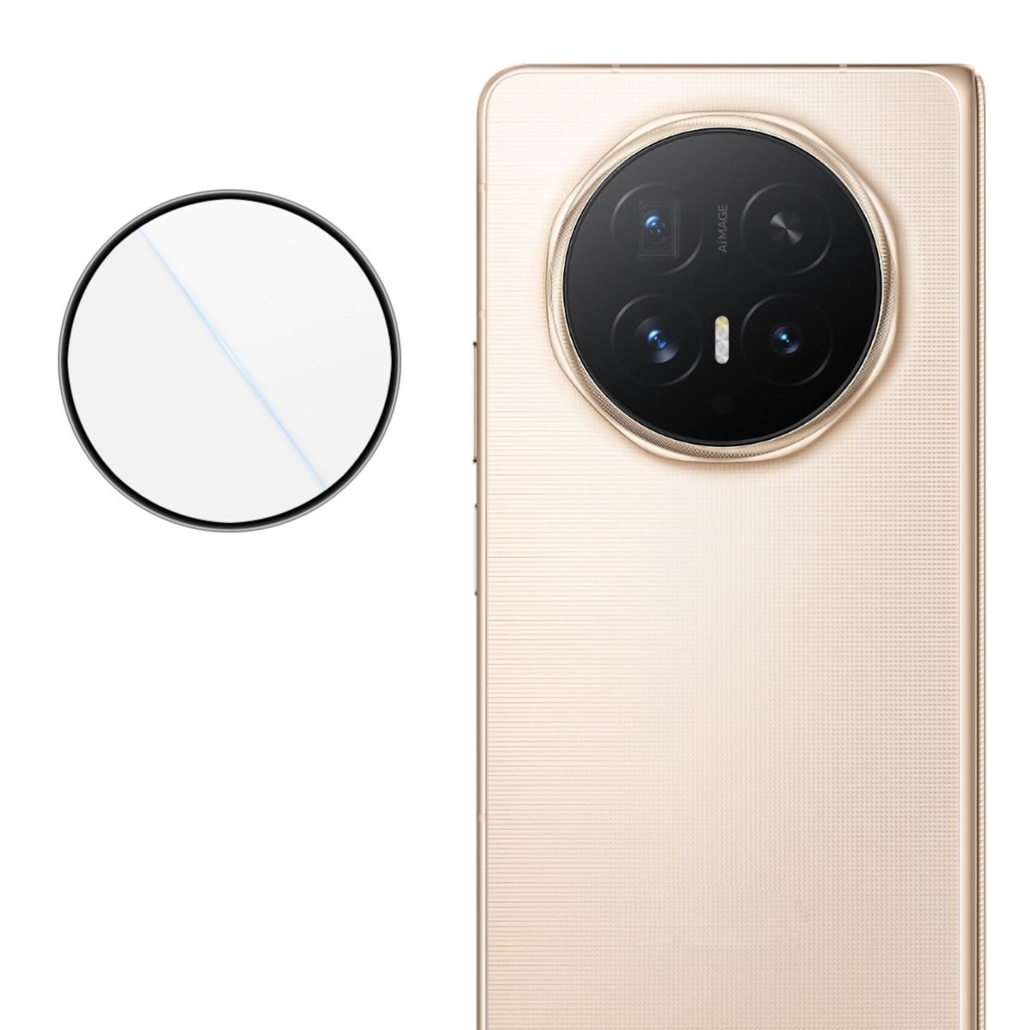 Ein goldfarbenes Smartphone mit einer runden Kameraeinheit und einem separaten Schutzglas.