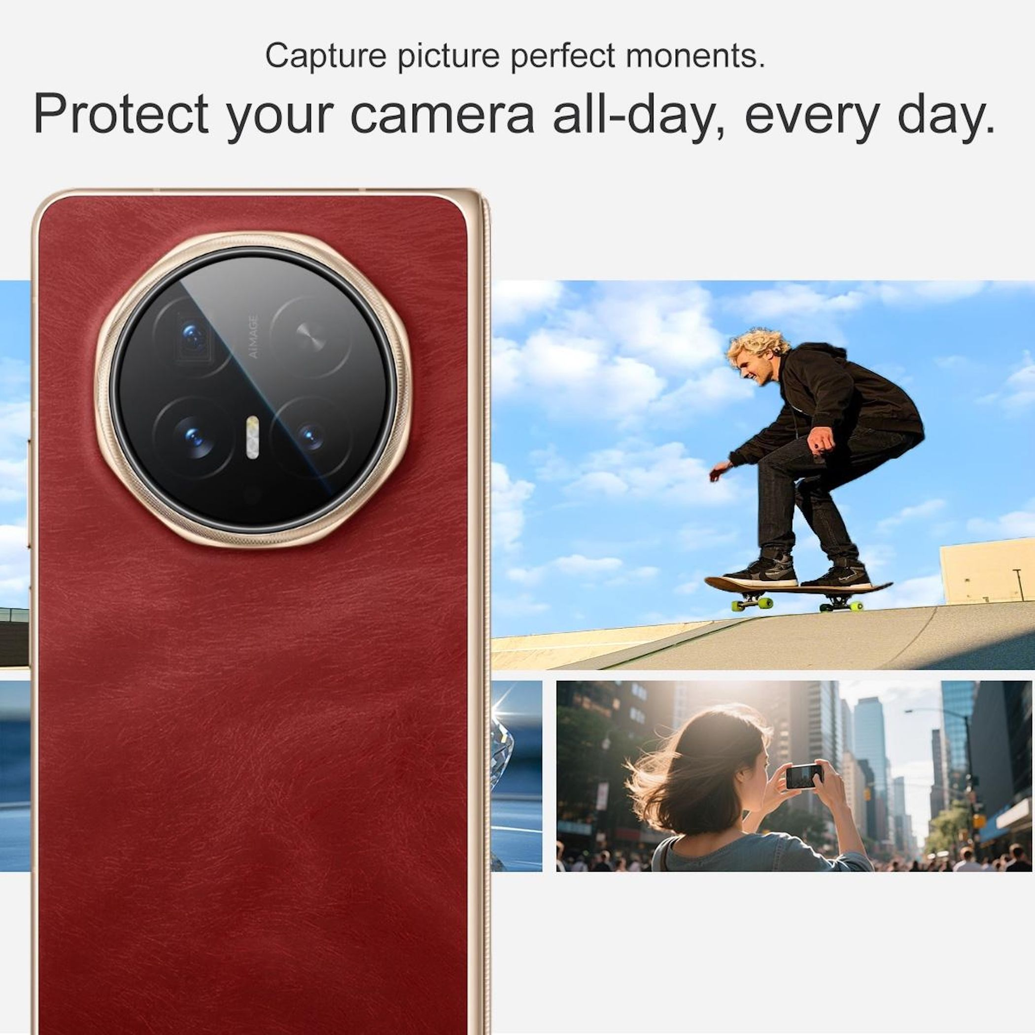 Rotes Handy-Cover neben Fotos von Skateboarder und Frau mit Handy.