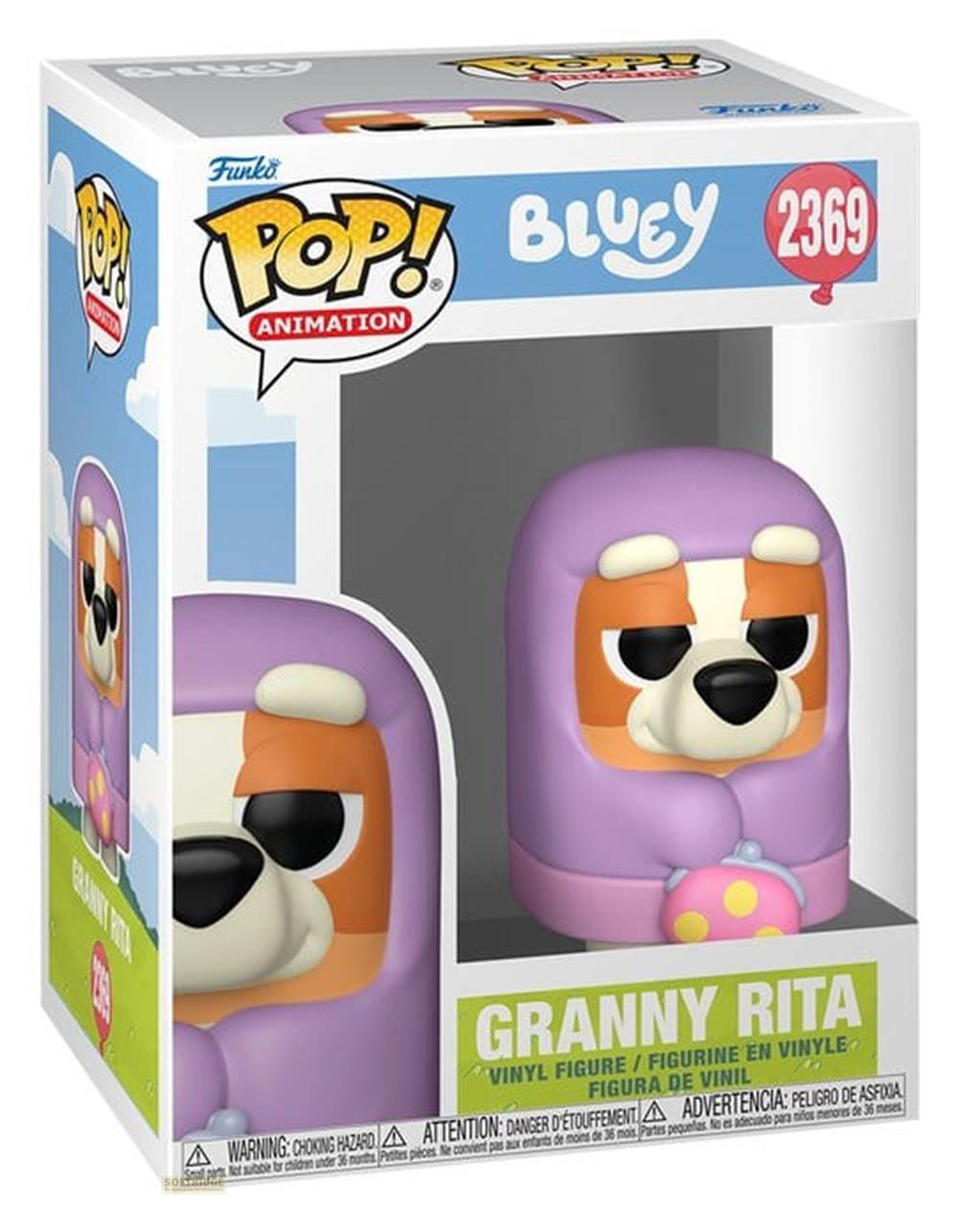 Funko Pop! Vinyl Figur von Granny Rita aus Bluey in lila Kleidung.