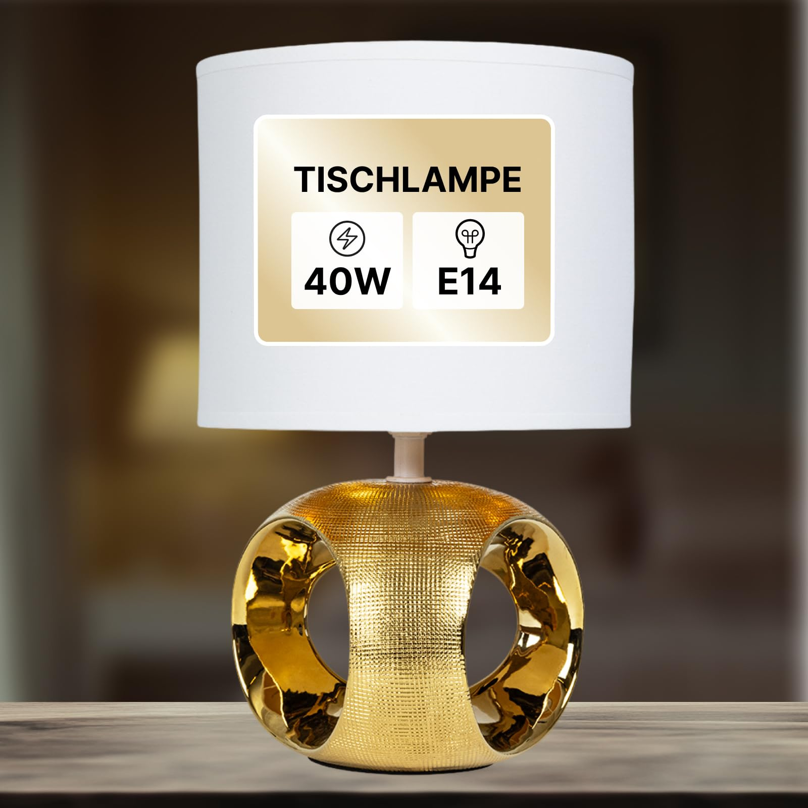 Goldene Tischlampe mit weißem Schirm, 40W E14.