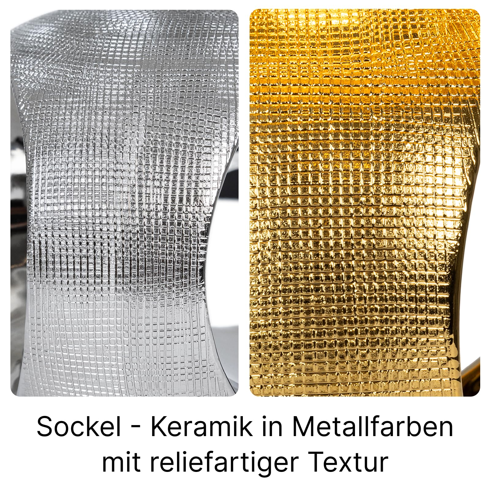 Geteilte Ansicht eines silbernen und goldenen Keramiksockels mit texturiertem Gittermuster.
