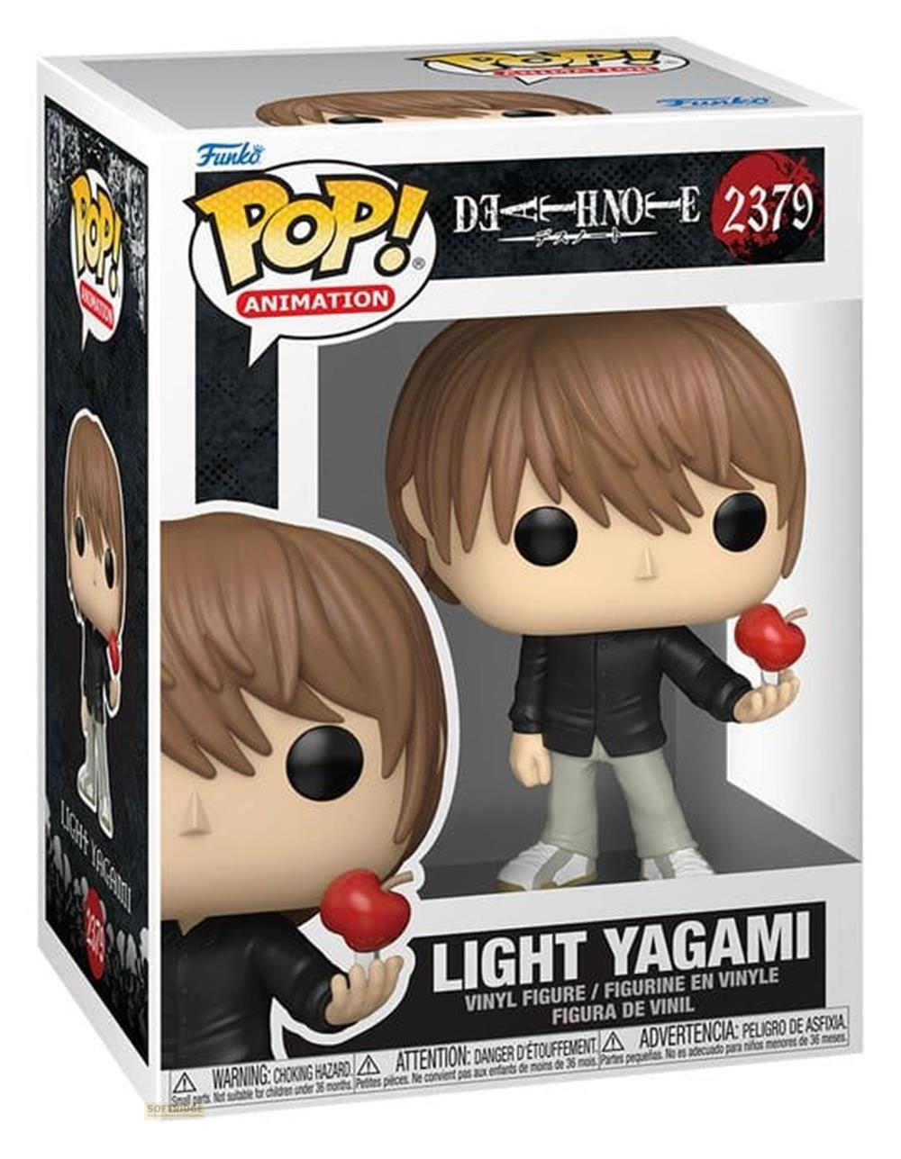 Funko Pop! Light Yagami Vinylfigur in der Schachtel, hält einen roten Apfel.