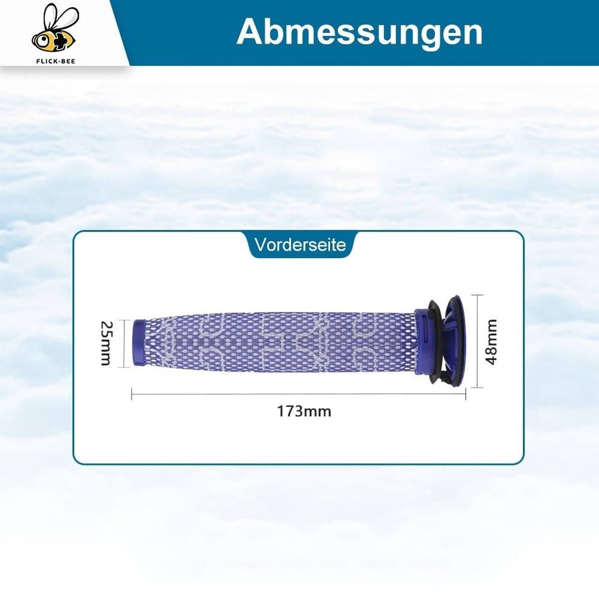 Un filtre violet mesurant 25mm x 173mm x 48mm avec un motif en grille.