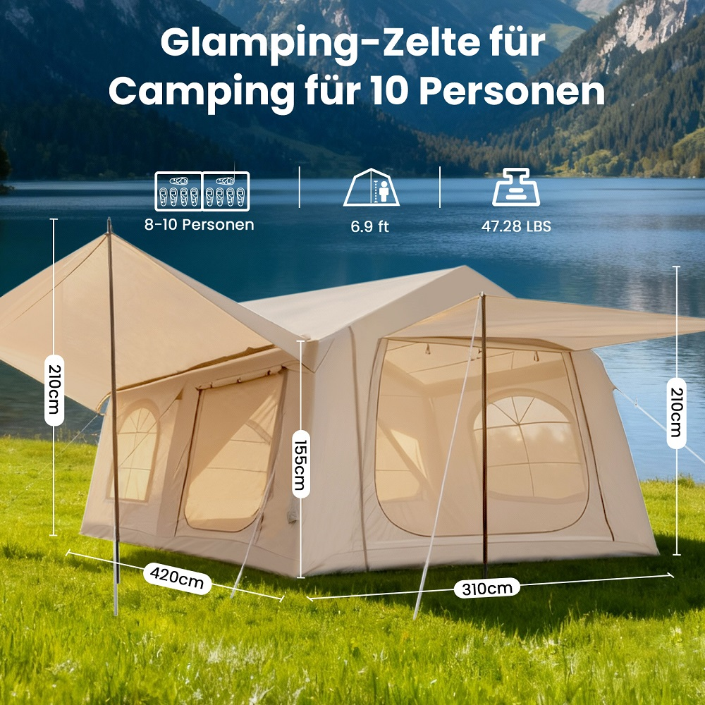 Ein großes, beiges Glamping-Zelt steht draußen an einem See. Maße: 420x310cm, Höhe 210cm.