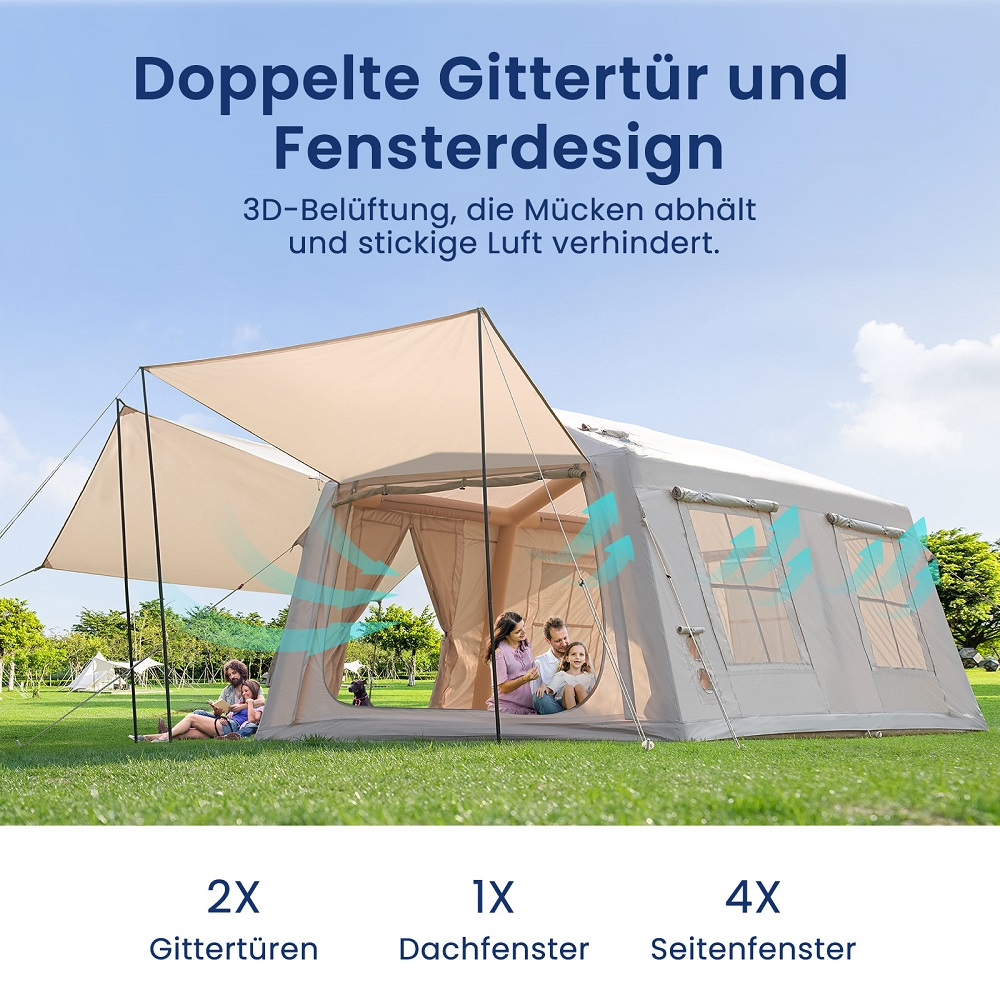 Großes Zelt mit Familie, Doppeltür, Fensterdesign und 3D-Belüftung.