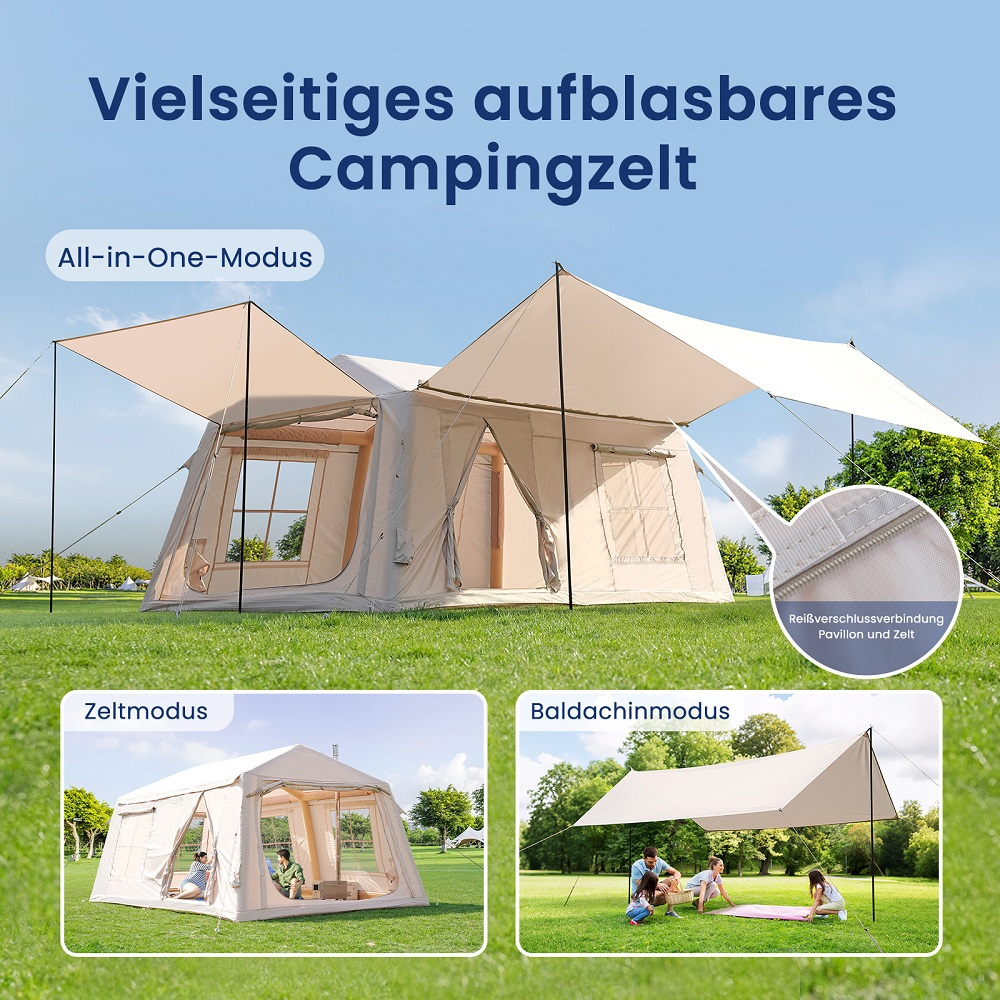 Aufblasbares Campingzelt in verschiedenen Modi, mit Reißverschluss.