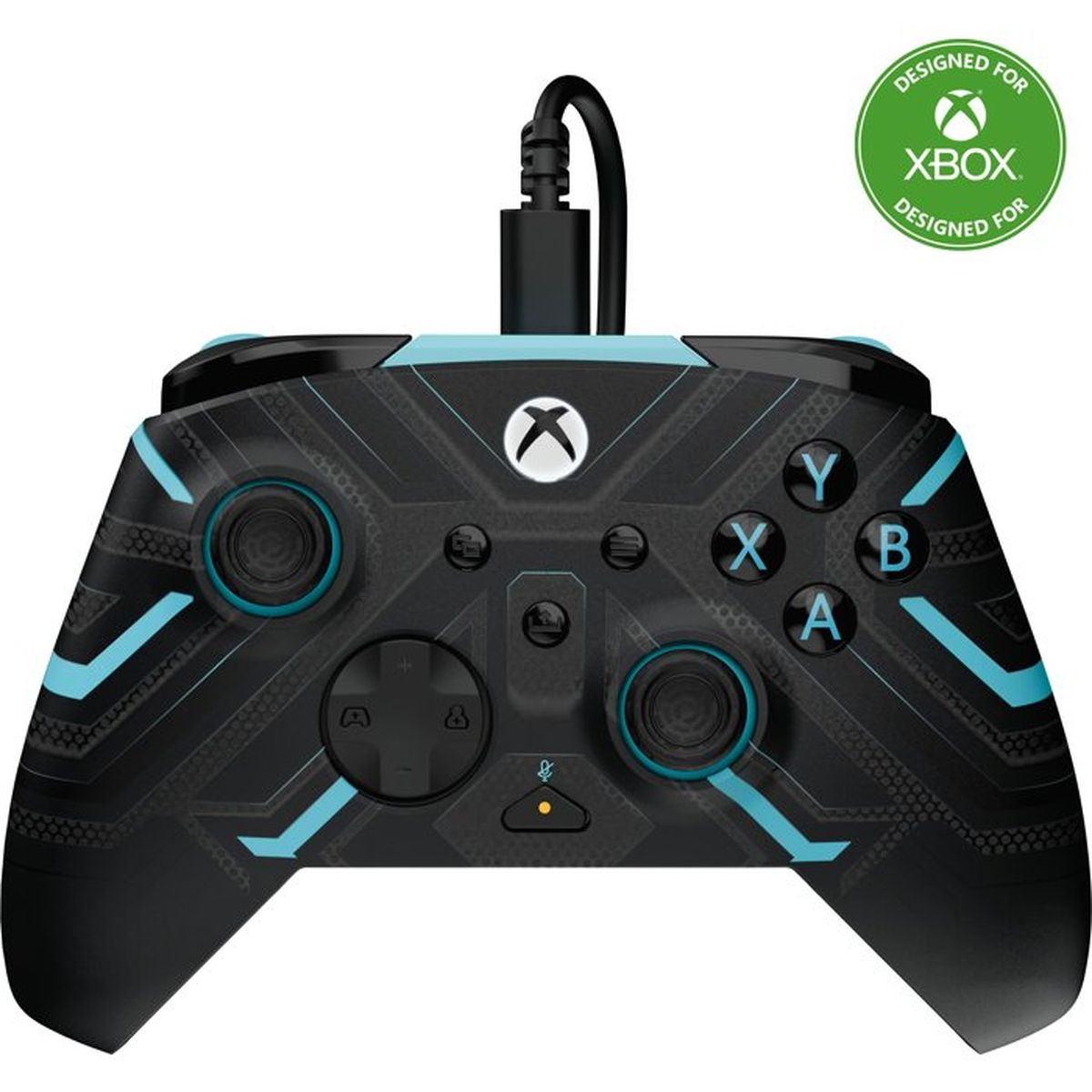 Schwarzer Xbox-Controller mit blauen Akzenten und einem grünen Logo oben rechts.