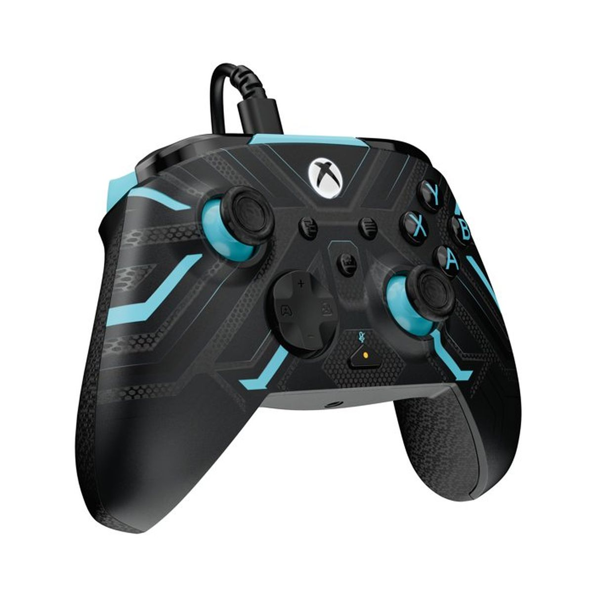 Schwarzer Xbox-Controller mit blauem Muster und Kabel.