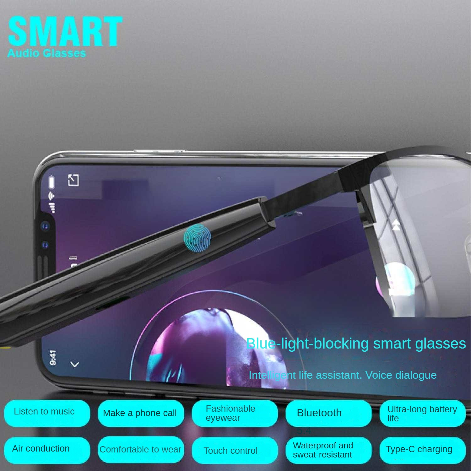 Blaulichtblockierende Smartglasses mit Touch-Steuerung, Musik, Telefon, Bluetooth.