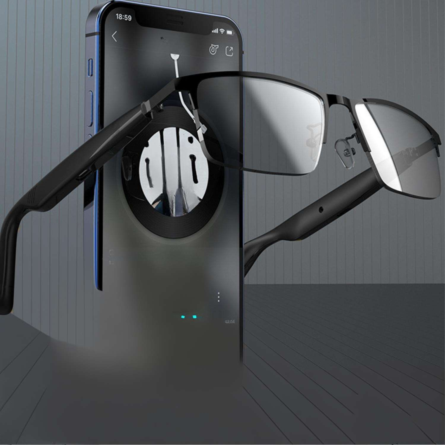 Schwarze Brille mit Metallbügeln, die vor einem Smartphone mit Musik-App liegen.