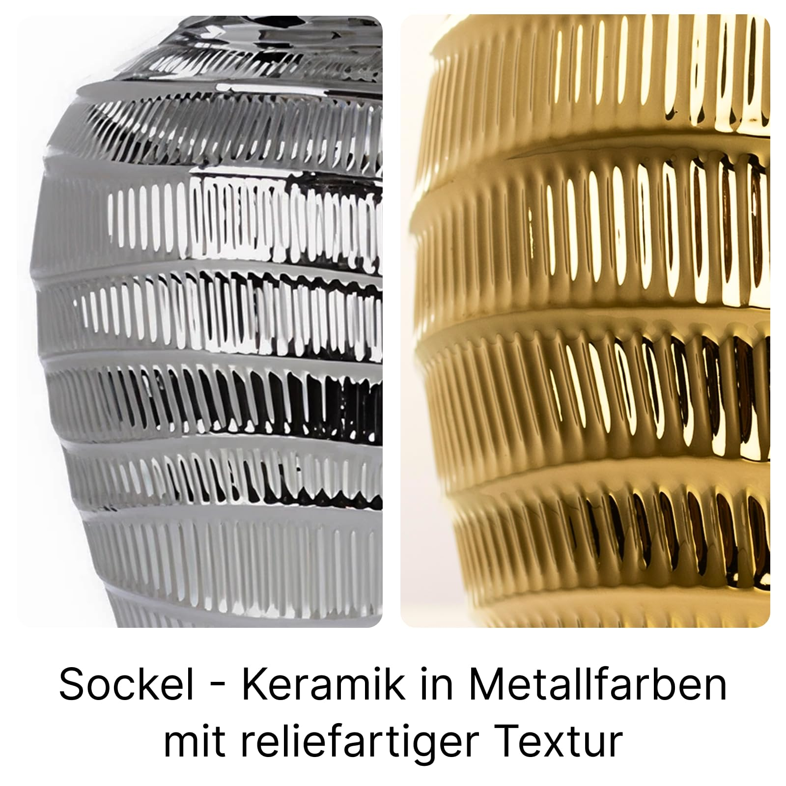 Silberne und goldene Keramikvasen mit gerippter Textur.