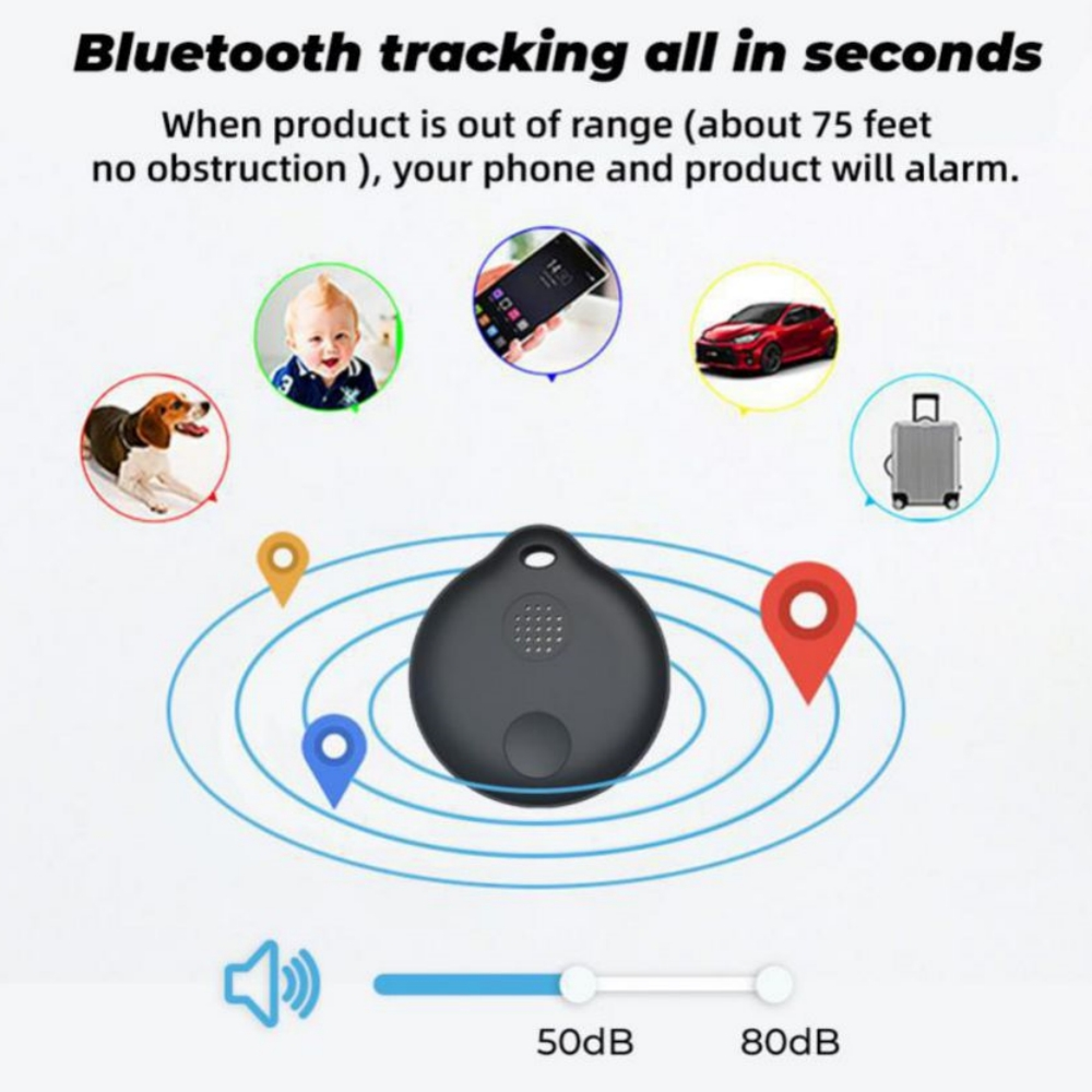 Ein schwarzer Tracker mit Wellenlinien, Handy, Baby, Hund, Auto, Koffer.