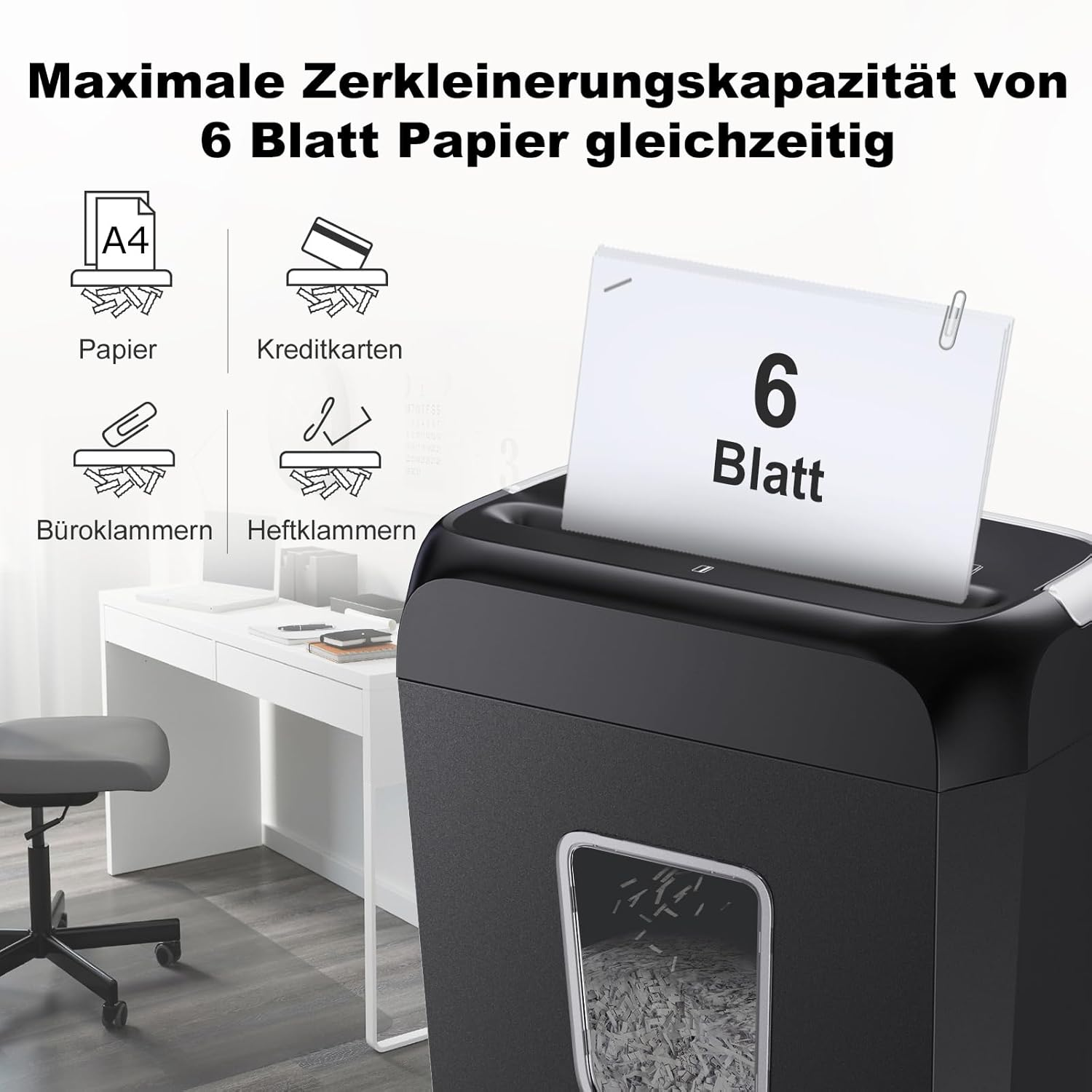 Ein Aktenvernichter mit 6 Blatt Papier wird gezeigt. Links sind Symbole für Papier, Kreditkarten, Büroklammern und Heftklammern.