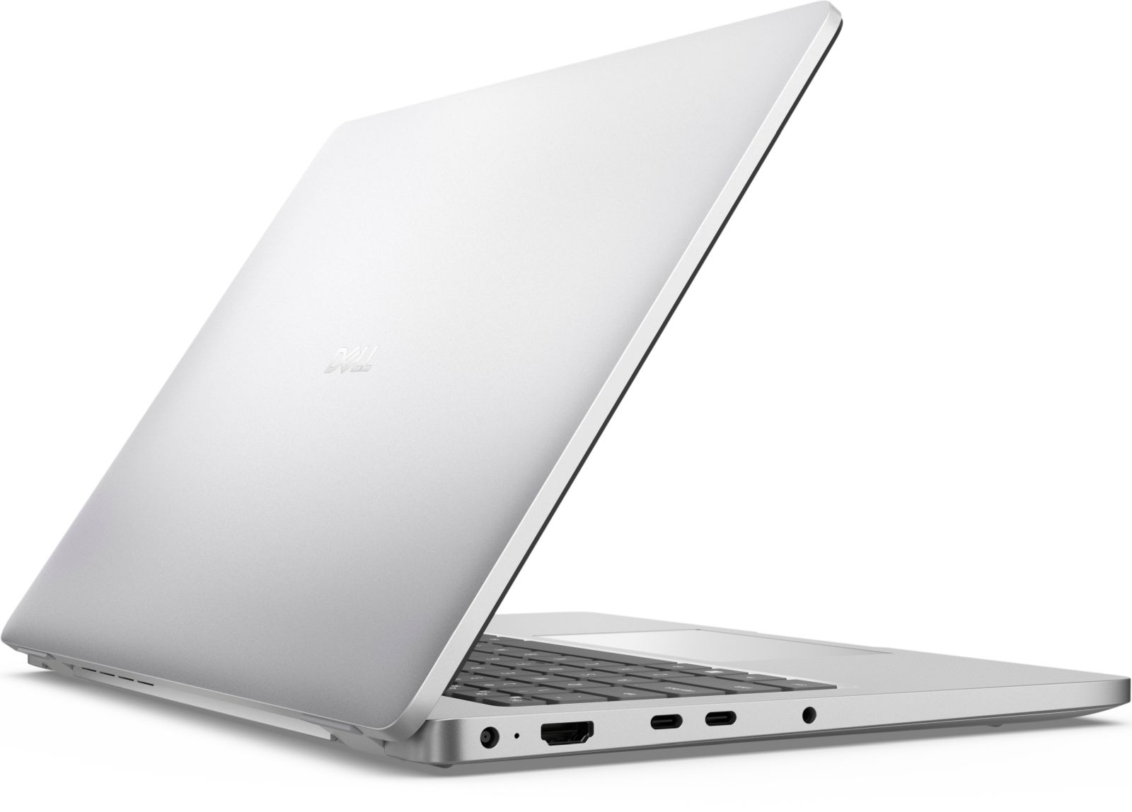 Ein silberner Dell Laptop ist auf einer weißen Fläche geöffnet.