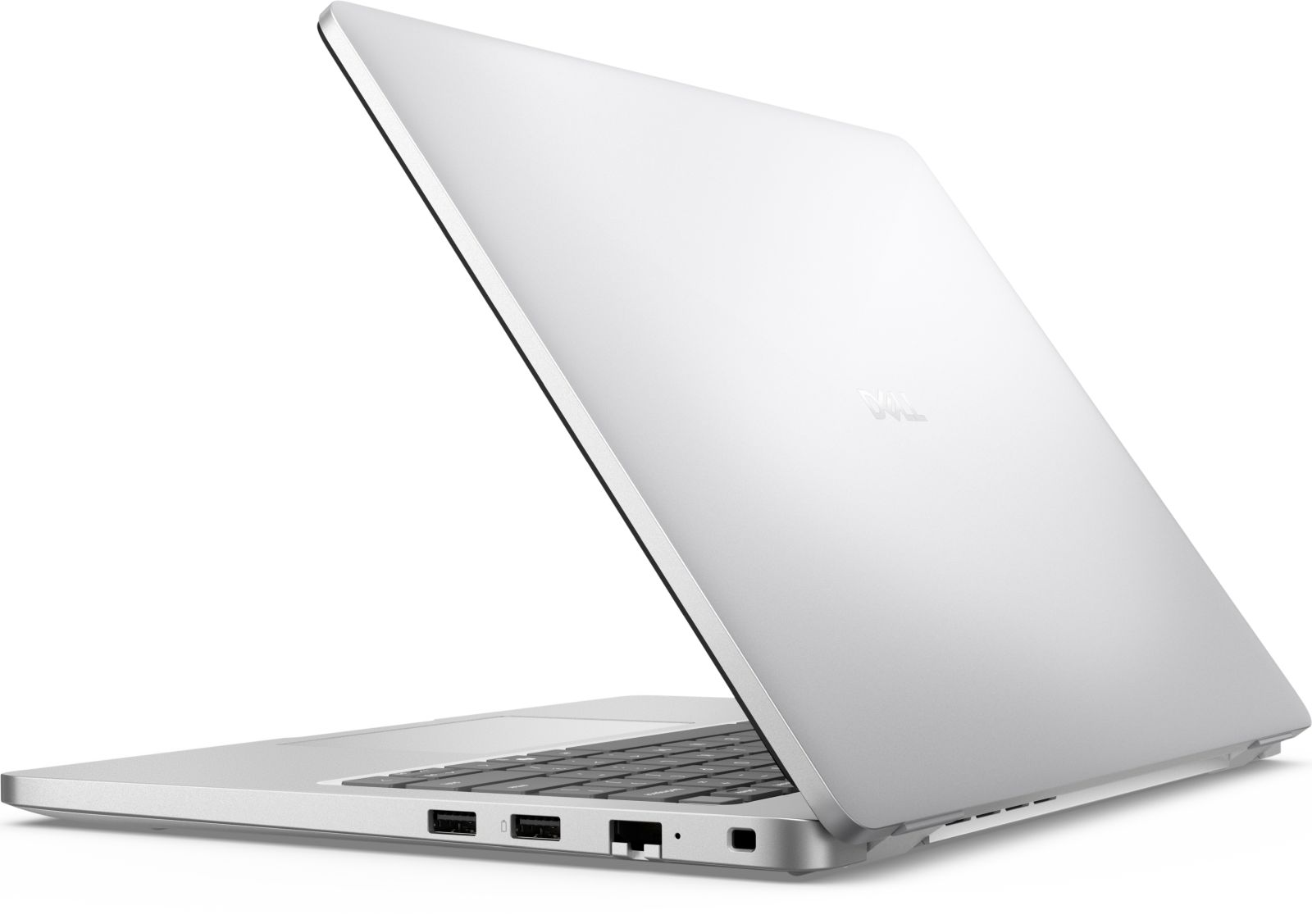 Ein offener silberner Dell Laptop mit Blick auf die Tastatur und Anschlüsse.