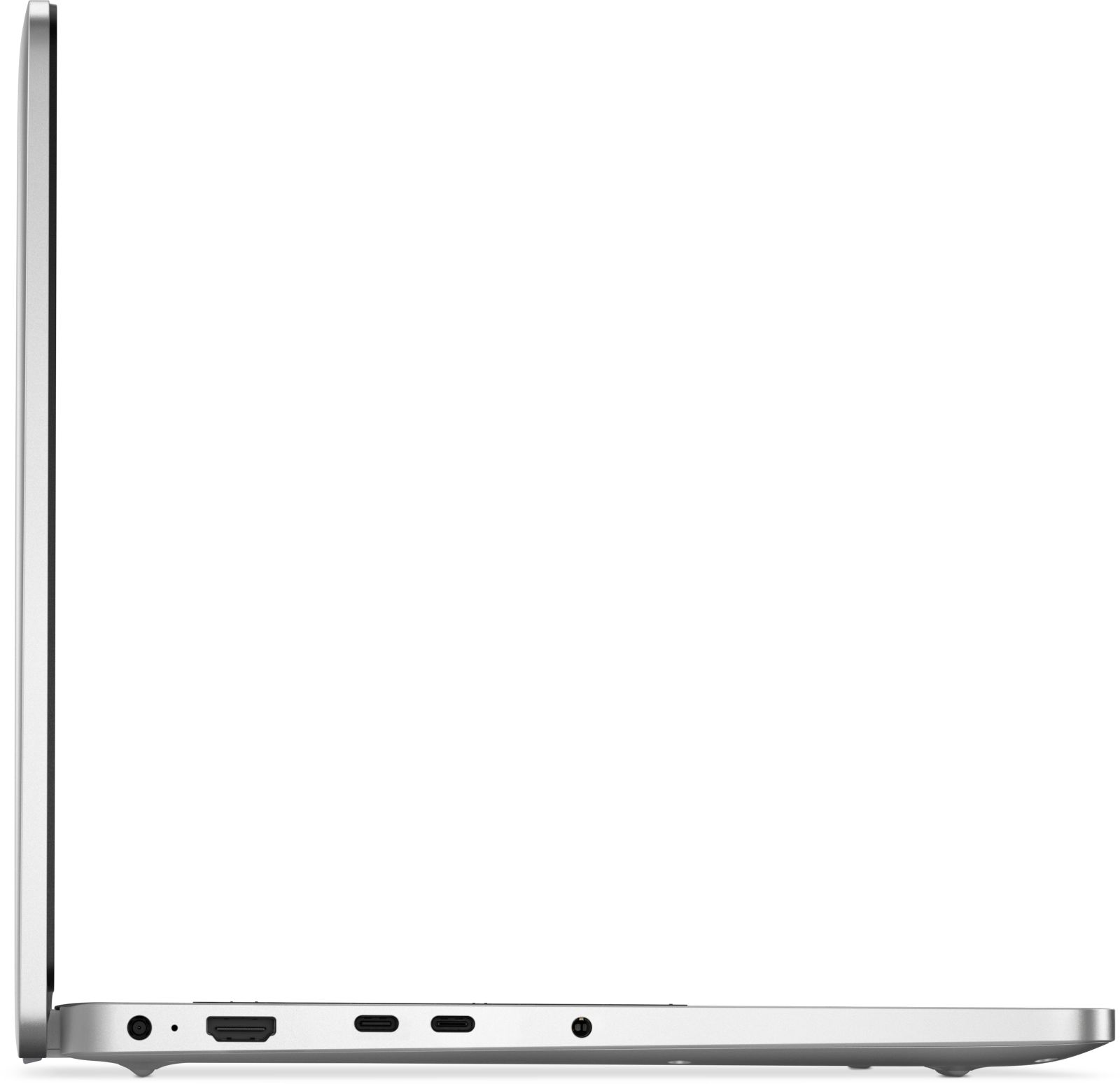 Silberner Laptop Seitenansicht, zeigt Anschlüsse: HDMI, USB-C, Kopfhörerbuchse.