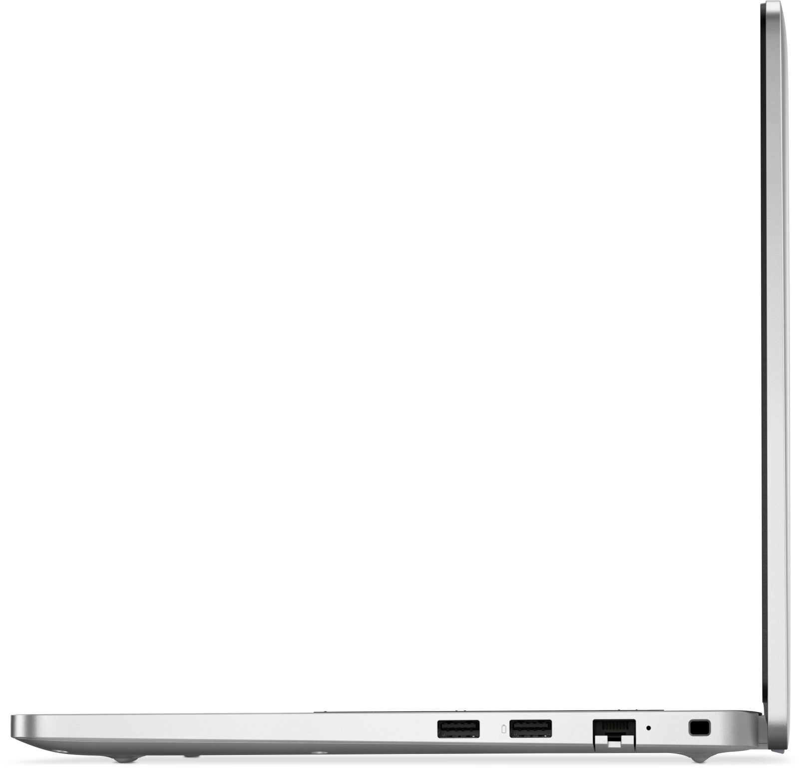 Silberner Laptop von der Seite mit zwei USB-Anschlüssen und einem Netzanschluss.