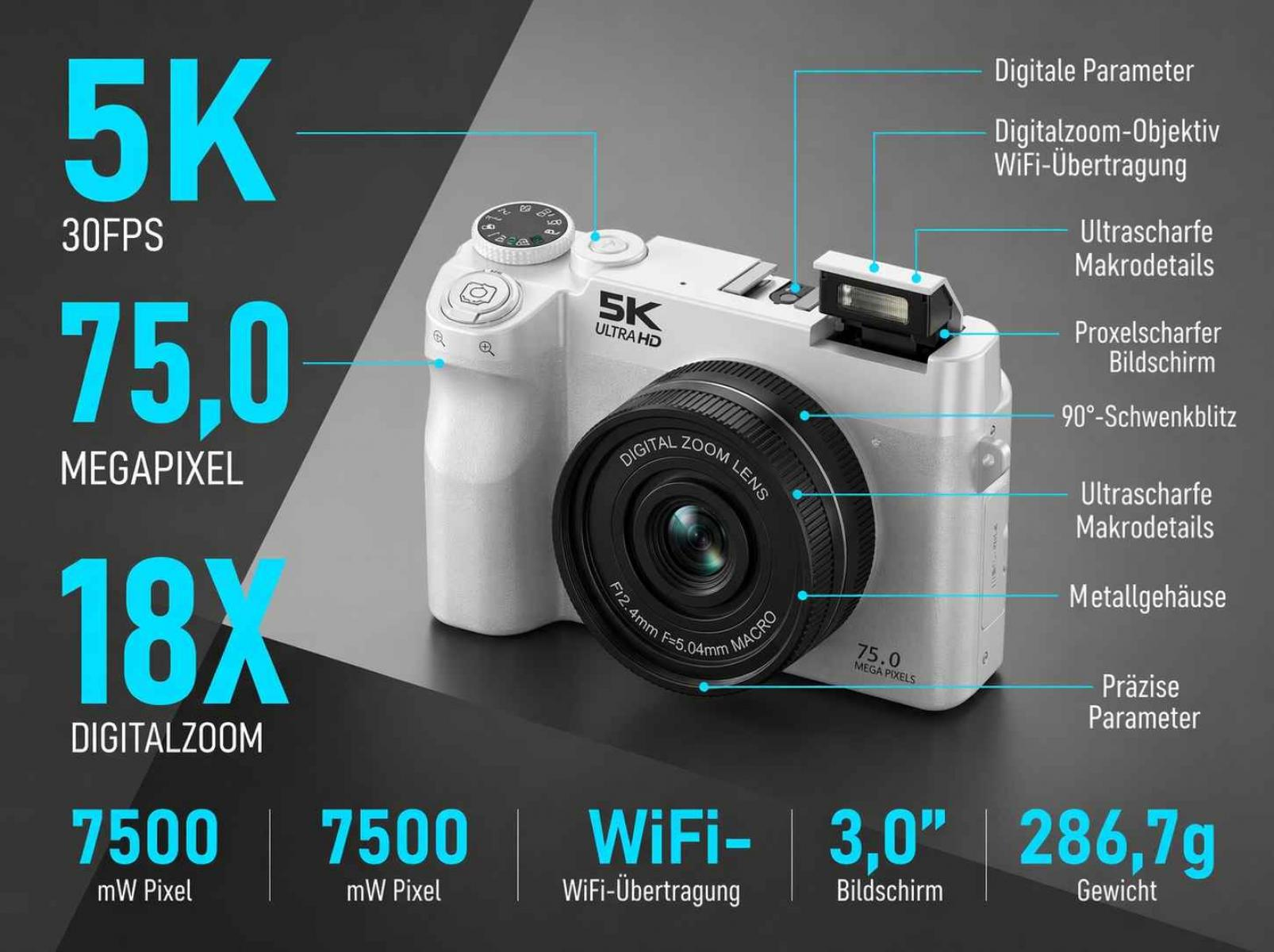 Weiße Digitalkamera mit 5K Auflösung, 75MP, 18x Zoom, WiFi und vielen Features.