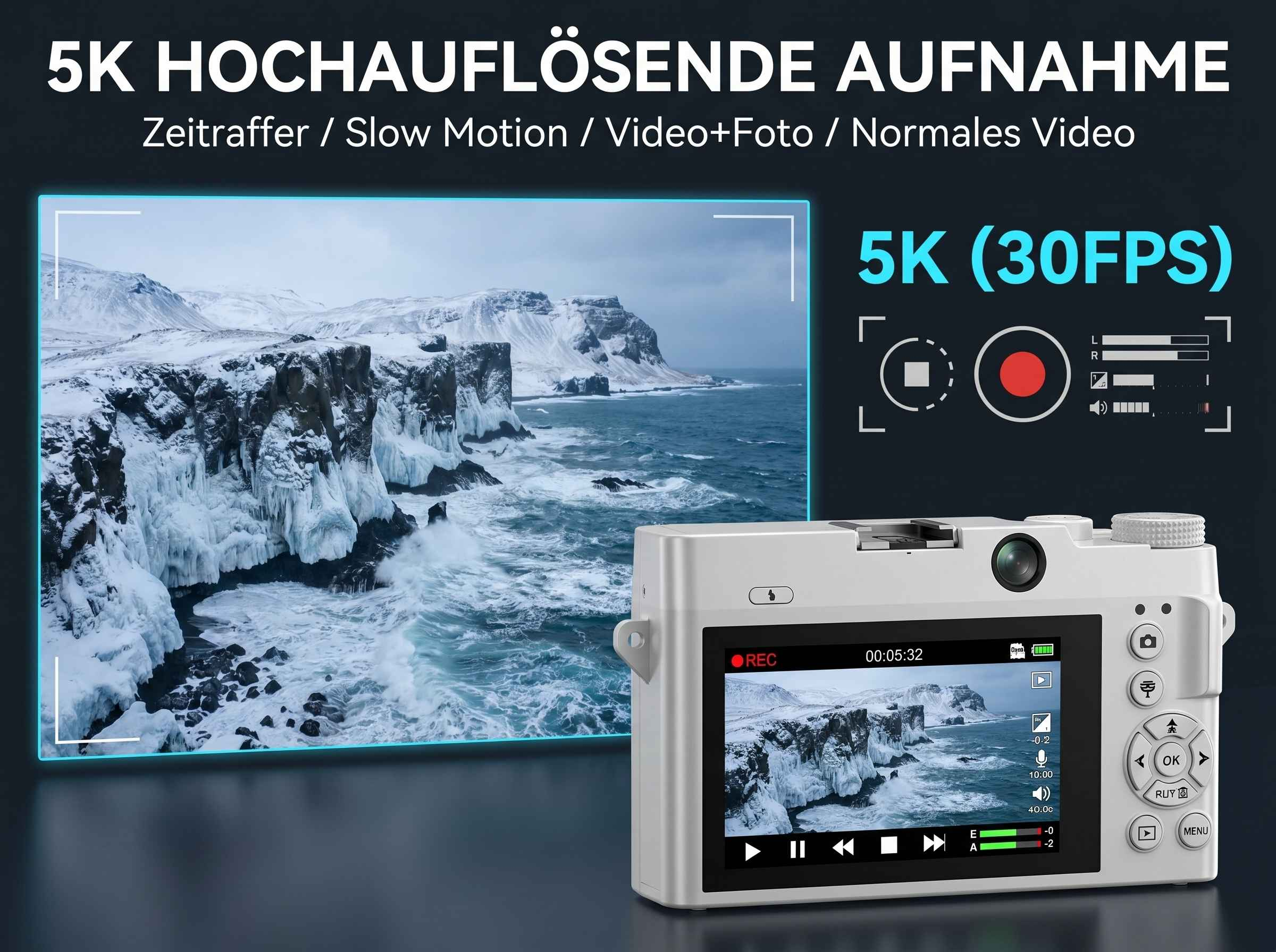 Weiße Kamera zeigt Aufnahme einer eisigen Küste bei 5K Auflösung.
