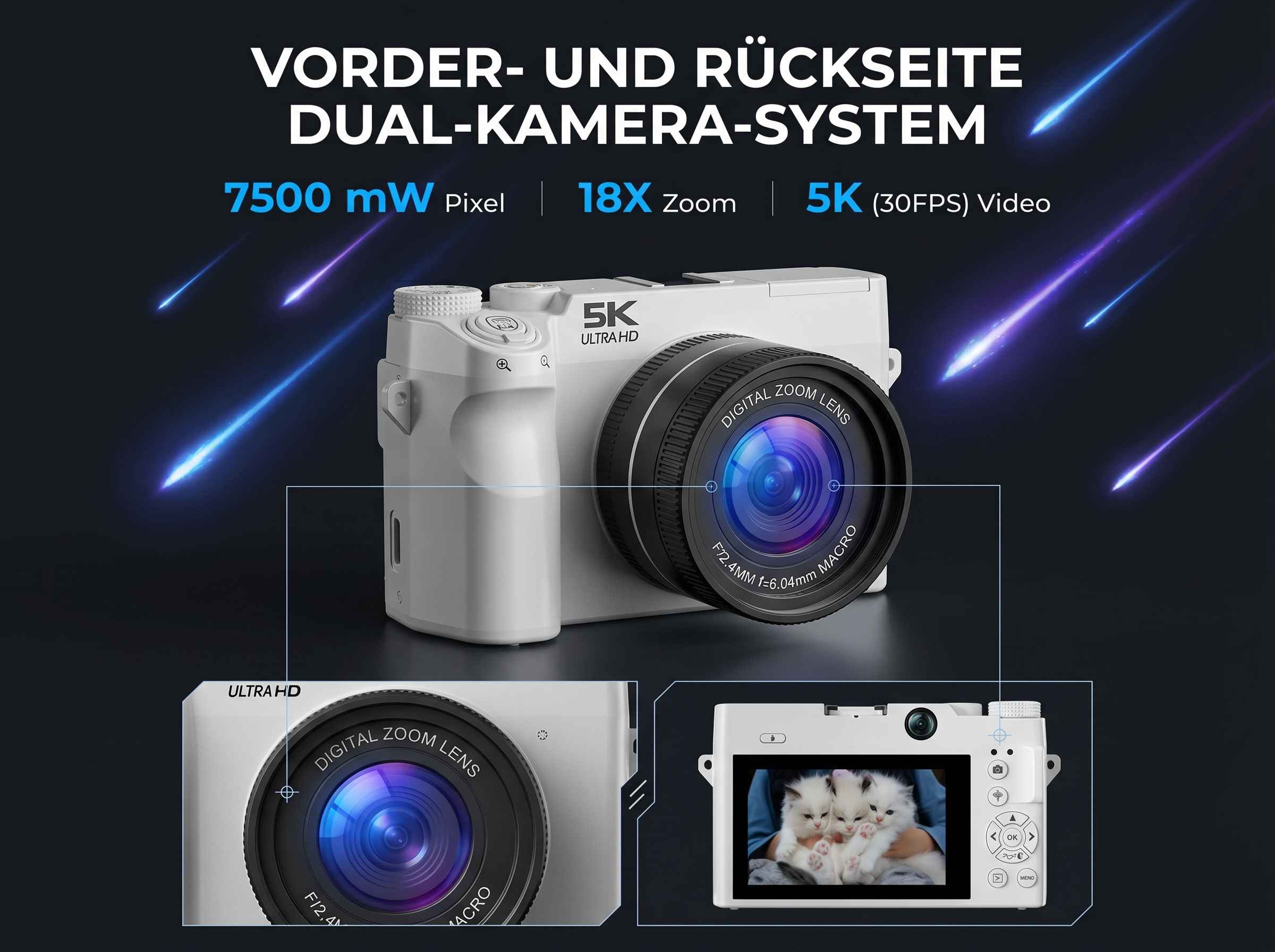Weiße Kamera mit 5K Ultra HD, 18x Zoom. Zeigt drei Kätzchen auf dem Bildschirm.