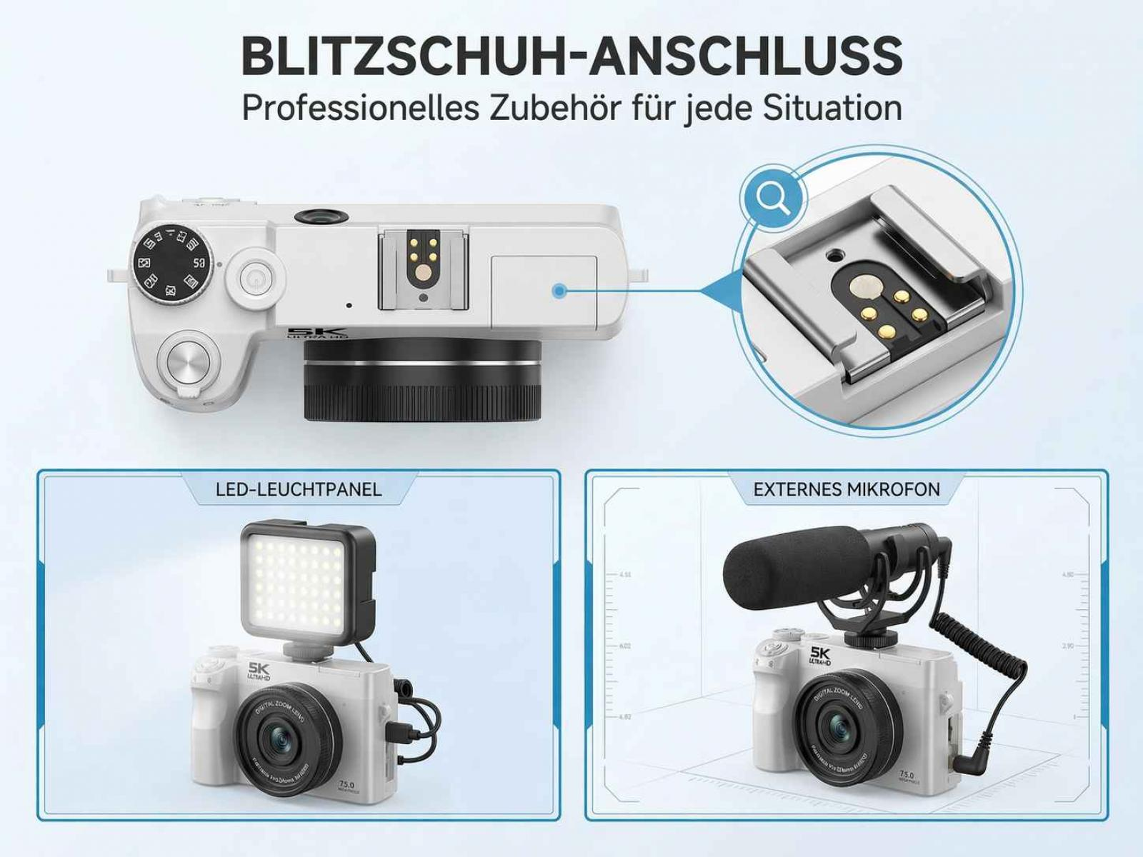 Weiße Kamera mit Zubehör: Blitzschuh, LED-Panel und Mikrofon.