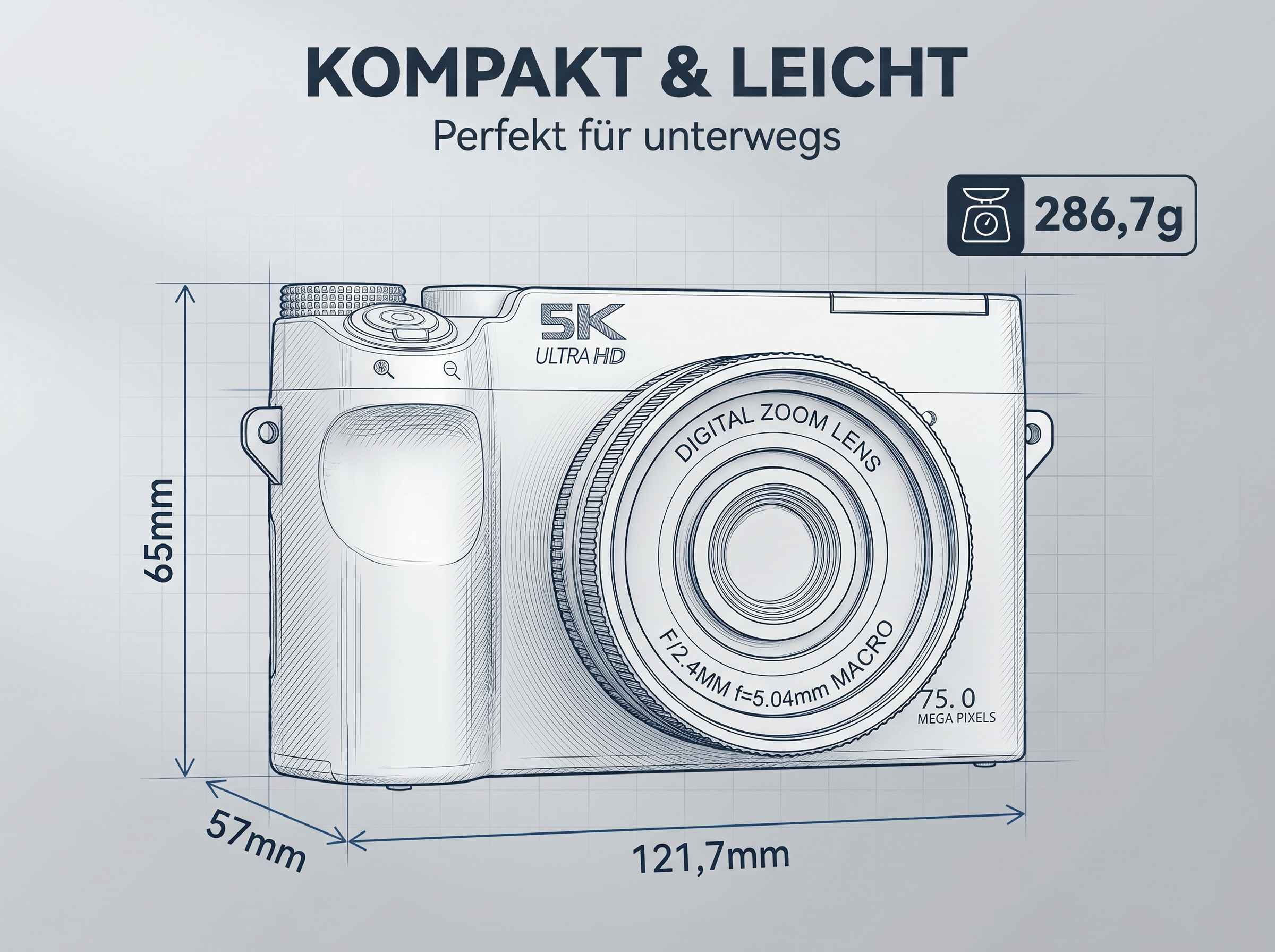 Technische Zeichnung einer Kompaktkamera mit Maßen und Gewicht.