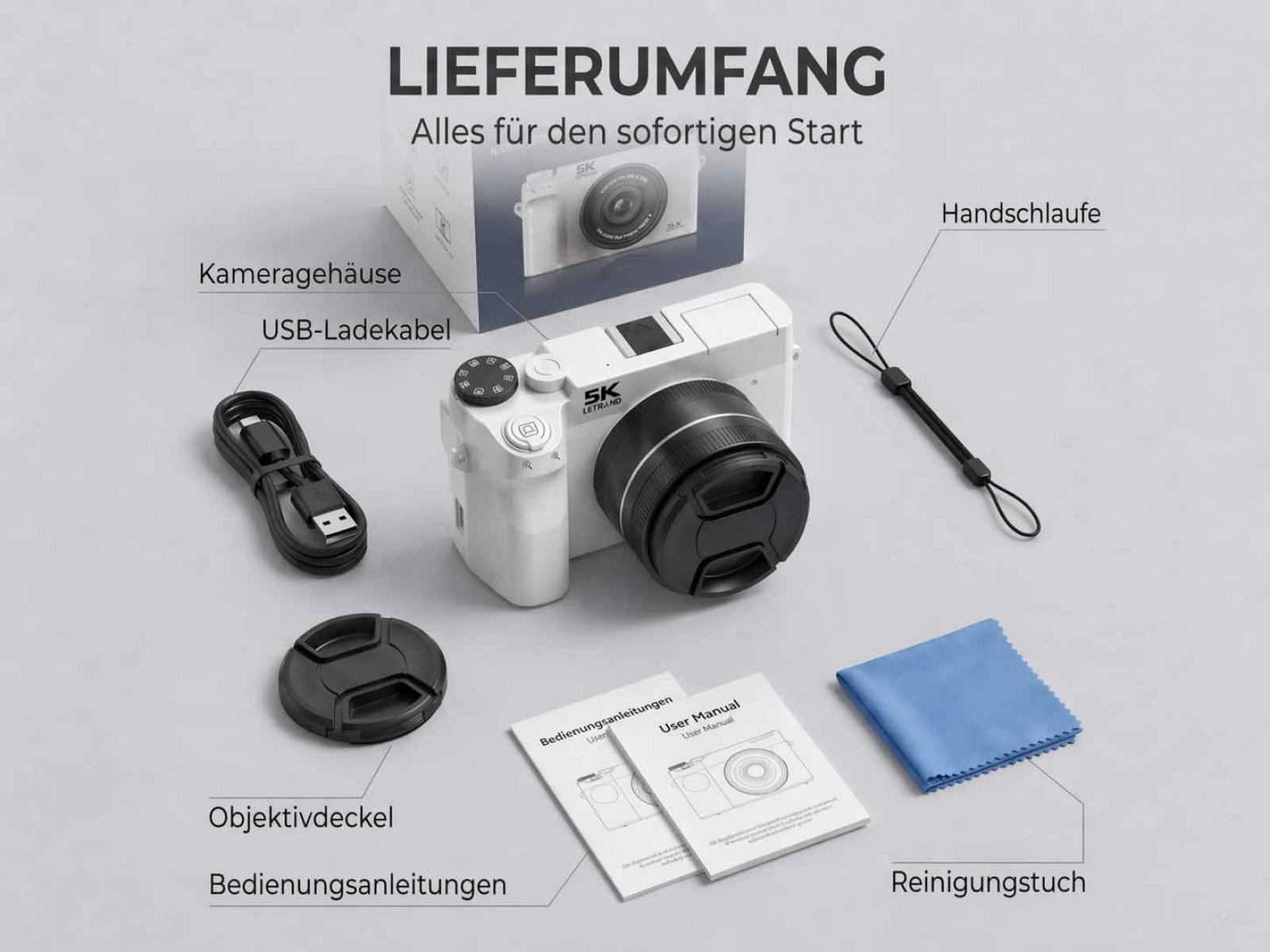 Eine weiße Kamera mit Zubehör: Objektiv, Kabel, Handschlaufe, Anleitung und Tuch.