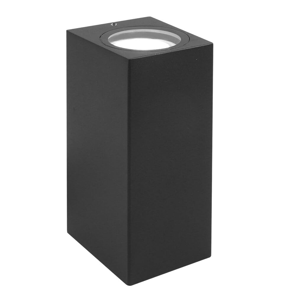Schwarze rechteckige Außenleuchte mit Lichtquelle oben.
