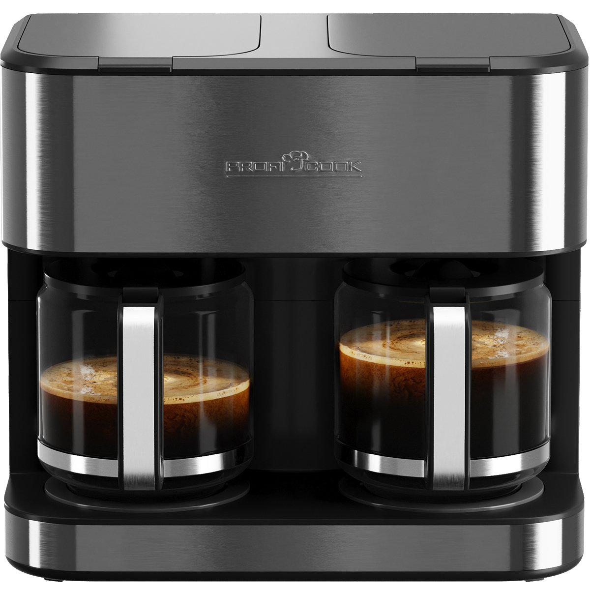 Eine silberne und schwarze Kaffeemaschine mit zwei Glaskaraffen, gefüllt mit Kaffee.