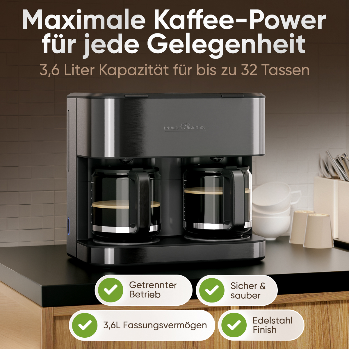 Schwarze Kaffeemaschine mit zwei Glaskaraffen, 3,6L Kapazität.